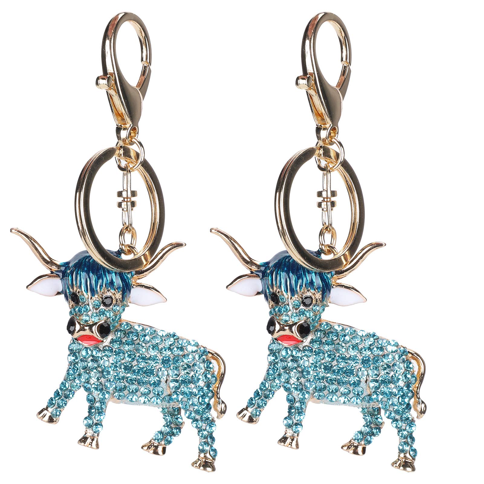 2Pcs Cute Cow Keychain - Diamond-Studded Metal Cattle Key Ring for Car, Bag & Phone - Blue Animal Charm Keychain for Women & Girls - Perfect Gift for Birthday, Party & Daily Use
