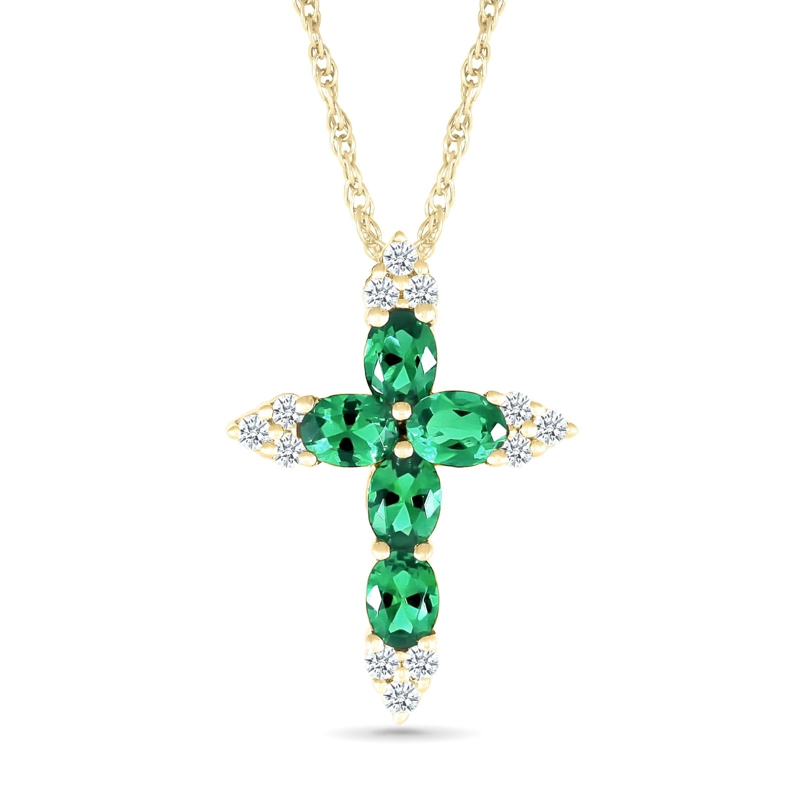 10k Yellow Gold Emerald and White Sapphire Cross Pendant Necklace for Women - Elegant Religious Jewelry Gift for Baptism, First Communion & Everyday Wear