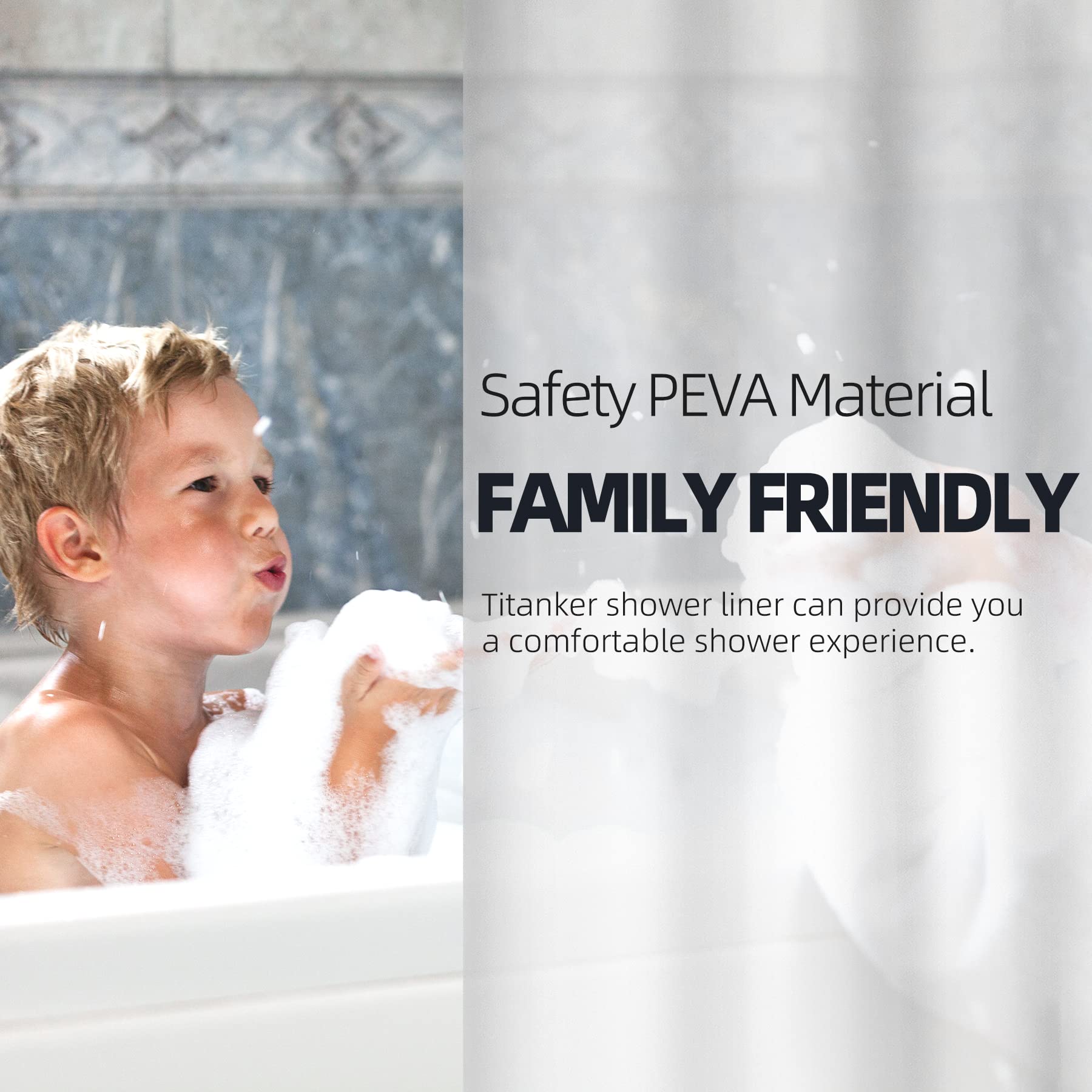 Titanker 72x72 Inch PEVA Shower Curtain Liner with Frosted Hooks - Lightweight Waterproof Bathroom Shower Curtain for Bath Tub, Hotel & Home Decor