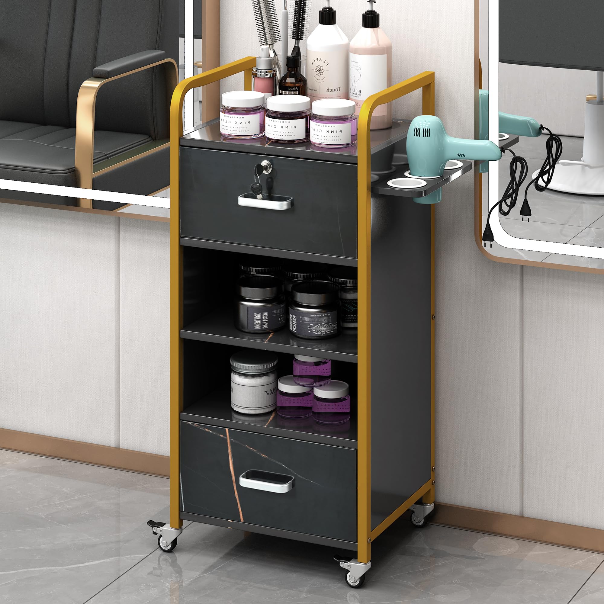 **Merax Lockable Salon Cart with Wheels & Drawer – 3 Hair Dryer Holder, Mobile Storage Cabinet for Hair Stylists – Perfect for Salon Stations, Beauty Equipment & Rolling Storage (Black) – Ideal for Salon Organization, Styling Tools & Professional Workspaces**