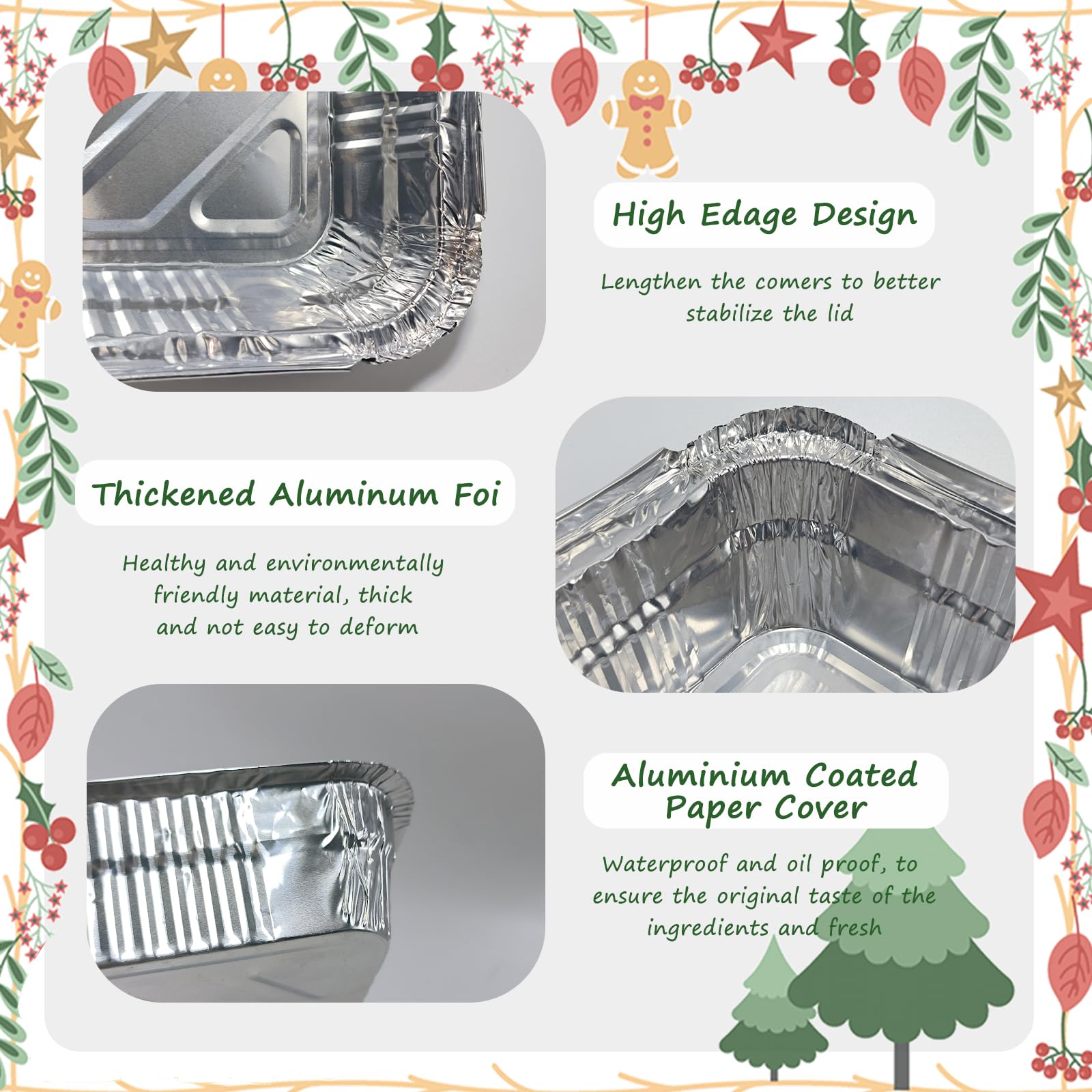 50PCS Christmas Foil Food Storage Containers with Lids - Aluminum Baking Cookie & Leftover Containers for Holiday Treats, Parties, Cooking & Gift Giving | Perfect for Christmas Dinner, Cookie Exchange & Festive Gatherings