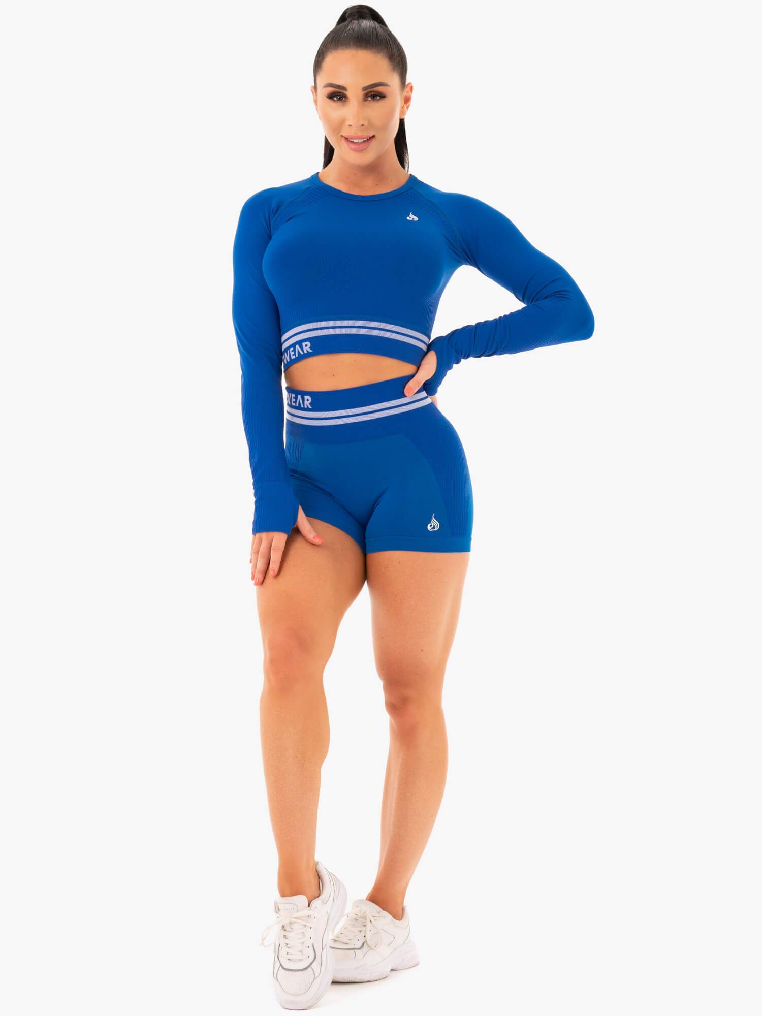 Freestyle Seamless Long Sleeve Crop Top - Blue | Women's Athletic Workout Shirt for Yoga, Running & Gym