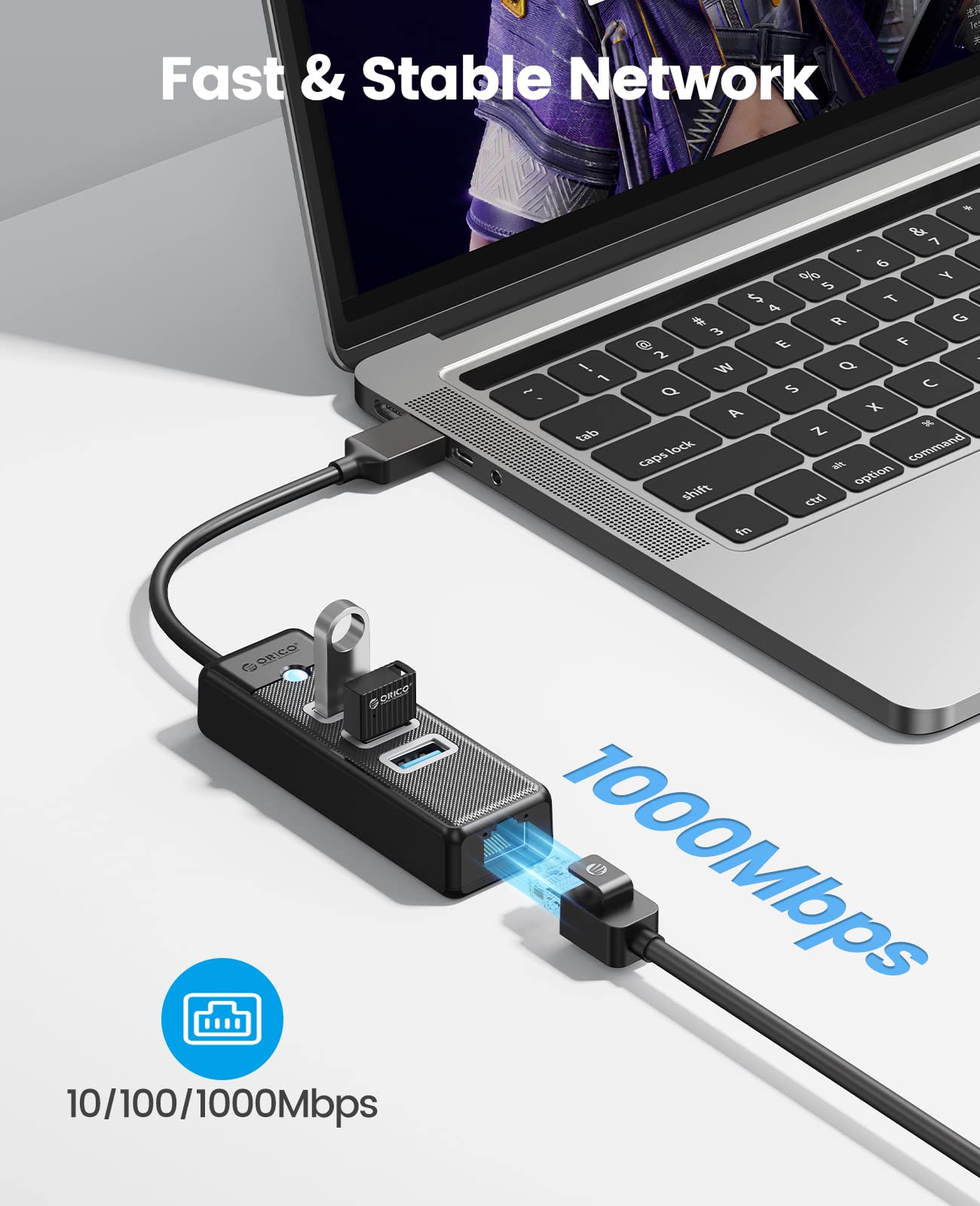 ORICO USB C to Ethernet Adapter - 4-in-1 USB C Hub with Gigabit RJ45 Port, 0.5ft Cable | Compatible with MacBook Pro/Air, iPad Pro, Chromebook, Windows Laptops | Fast Wired Networking for Home Office, Online Gaming & Video Conferencing