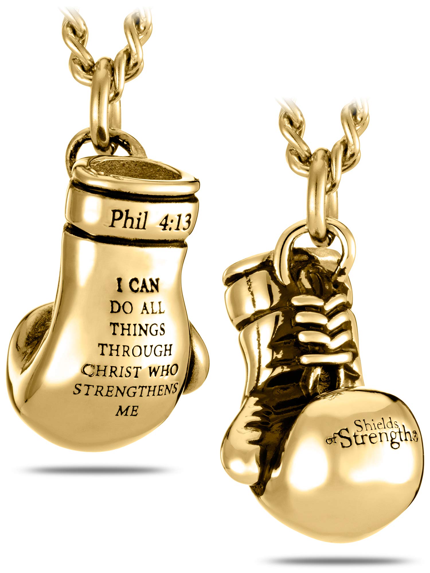 Shields of Strength Men's 14K Gold Plated or Stainless Steel Boxing Glove Necklace Pendant Chain with Philippians 4:13 Bible Verse - Christian Jewelry Gift for Him, Workout Motivation & Faith Inspiration