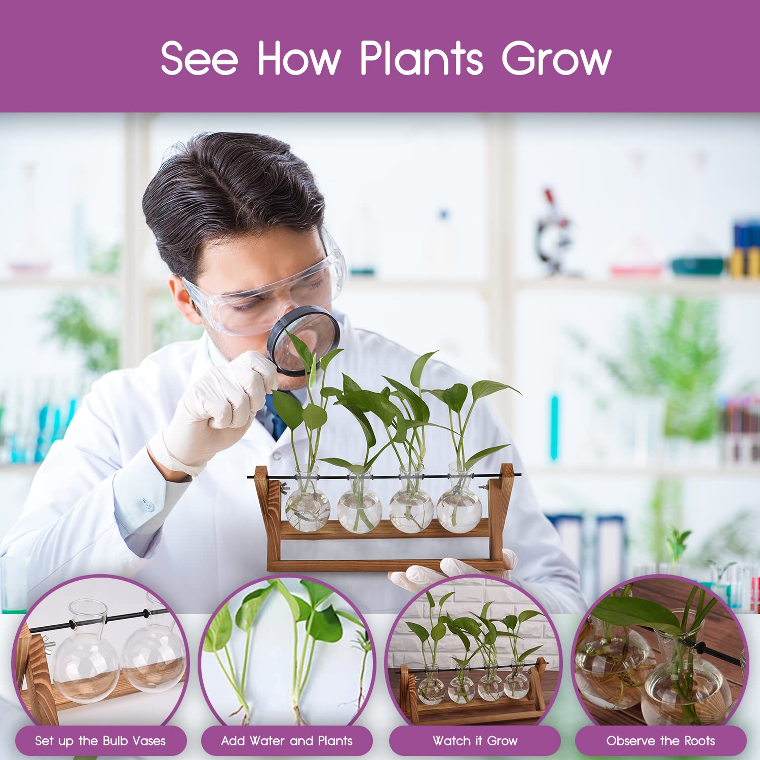 Plant Propagation Station Terrarium with Wooden Stand - 4 Glass Planters for Indoor Plants & Air Plants - Perfect for Home Decor, Office Desk, and Gift for Plant Lovers