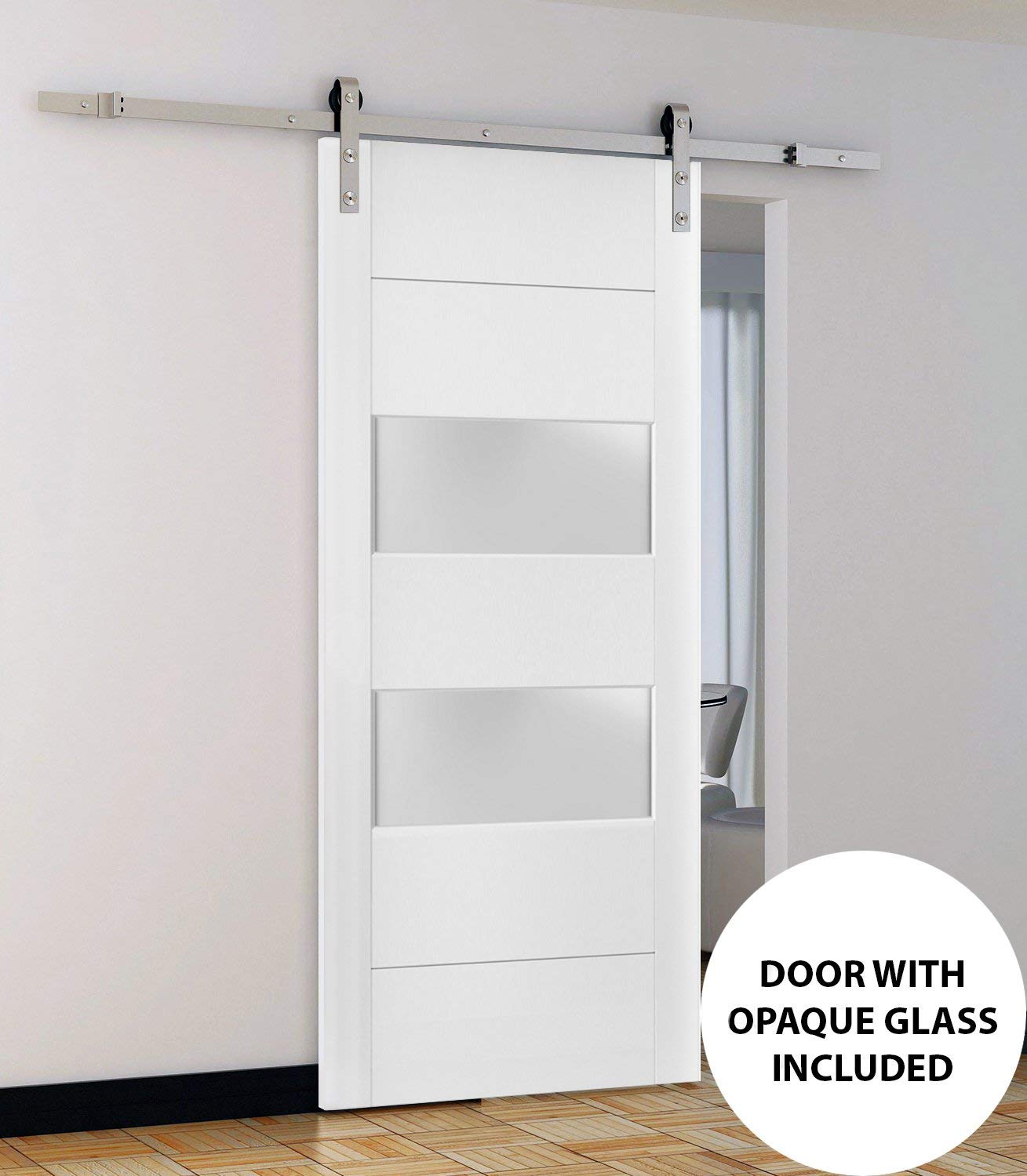 Lucia 4010 White Silk Frosted Glass Barn Door - 32 x 96 Inches Solid Panel Interior Door with 6.6FT Stainless Steel Top Mount Rail & Heavy Duty Hangers | Perfect for Bedrooms, Bathrooms, and Modern Farmhouse Style Homes