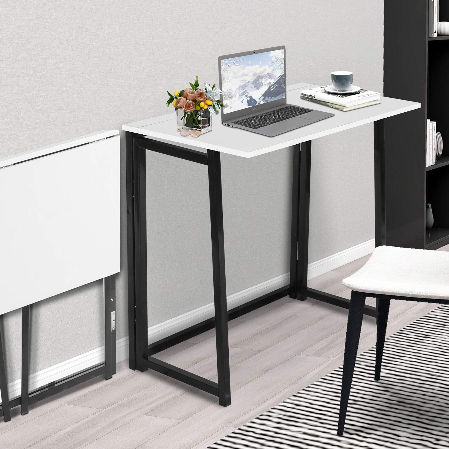 Compact No-Assembly Computer Desk - Foldable Home Office Desk for Small Spaces, Study & Writing Workstation (White+Black) | Perfect for Apartments, Dorms & Home Offices