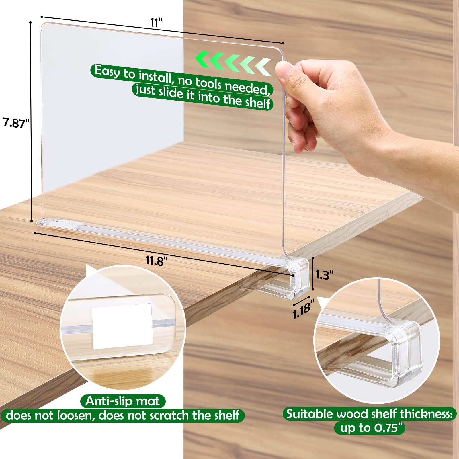 8 Pack Clear Acrylic Shelf Dividers for Closet Organization - Vertical Storage Organizer for Sweaters, Handbags & Purses - Perfect for Bedroom, Kitchen, Office & Wood Shelves