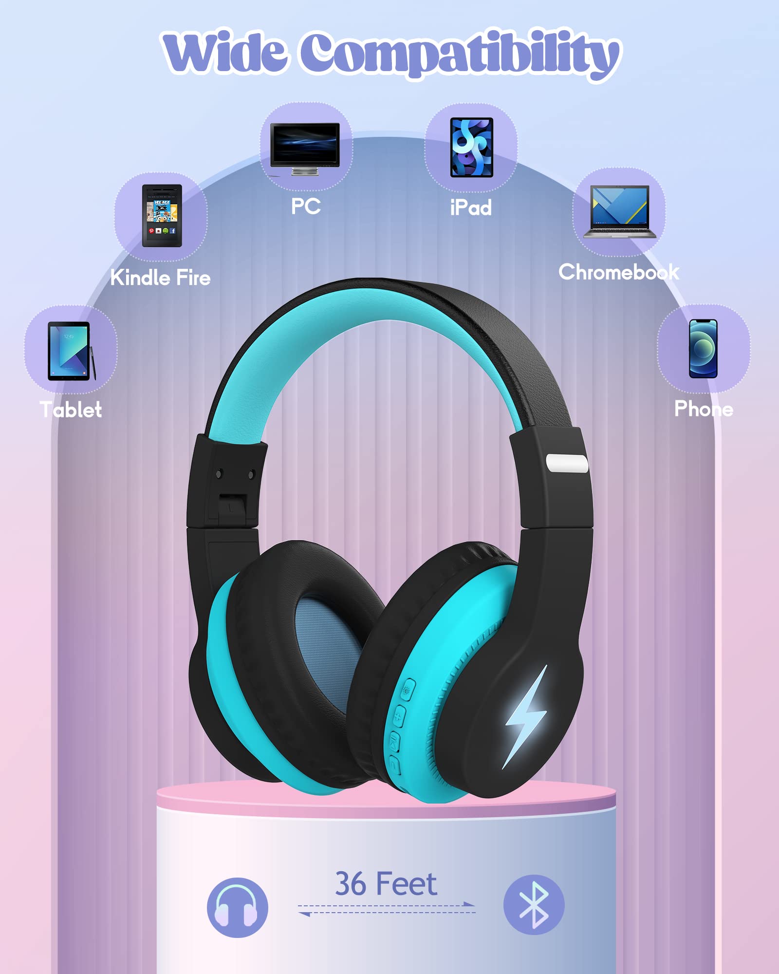 Wireless Kids Headphones with LED Lights & Built-in Mic - Volume Limited Safe Headphones for Children (Blue) - Perfect for Online Learning, Travel & Gaming