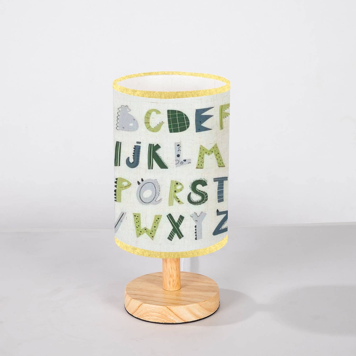 Minimalist Wood Nightstand Lamp with Flaxen Fabric Shade - Hand-Drawn Dinosaur Alphabet Kids Room Decor - Bedside & Desk Lamp for Bedroom, Living Room, Nursery - Perfect for Night Reading and Cozy Ambiance