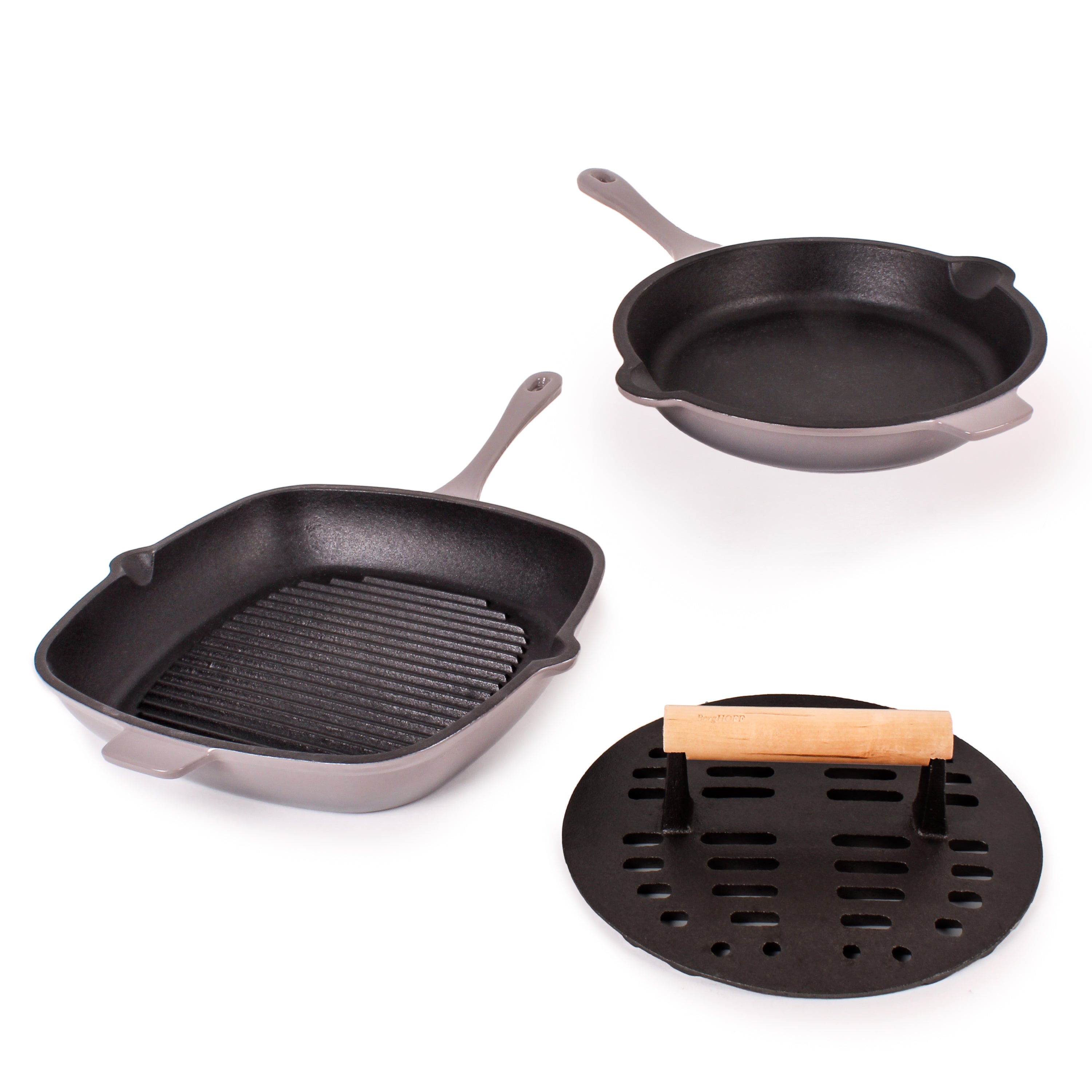 BergHOFF Neo 3-Piece Cast Iron Cookware Set - Grill Pan, Fry Pan & Slotted Steak Press - Premium Oven-Safe Skillets for Searing, Grilling & Cooking - Perfect for Steak, Burgers, Seafood & Stir Fry