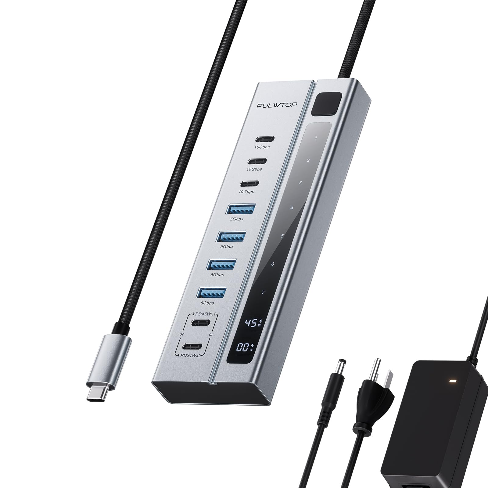 PULWTOP 7-in-1 Powered USB C Hub with 45W PD Charging & 10Gbps Data Transfer - 3 USB-C Ports, 4 USB 3.0 Ports, 75W Adapter - Compatible with MacBook Pro/Air, iMac, iPad - Perfect for Home Office, Remote Work & Travel Accessories