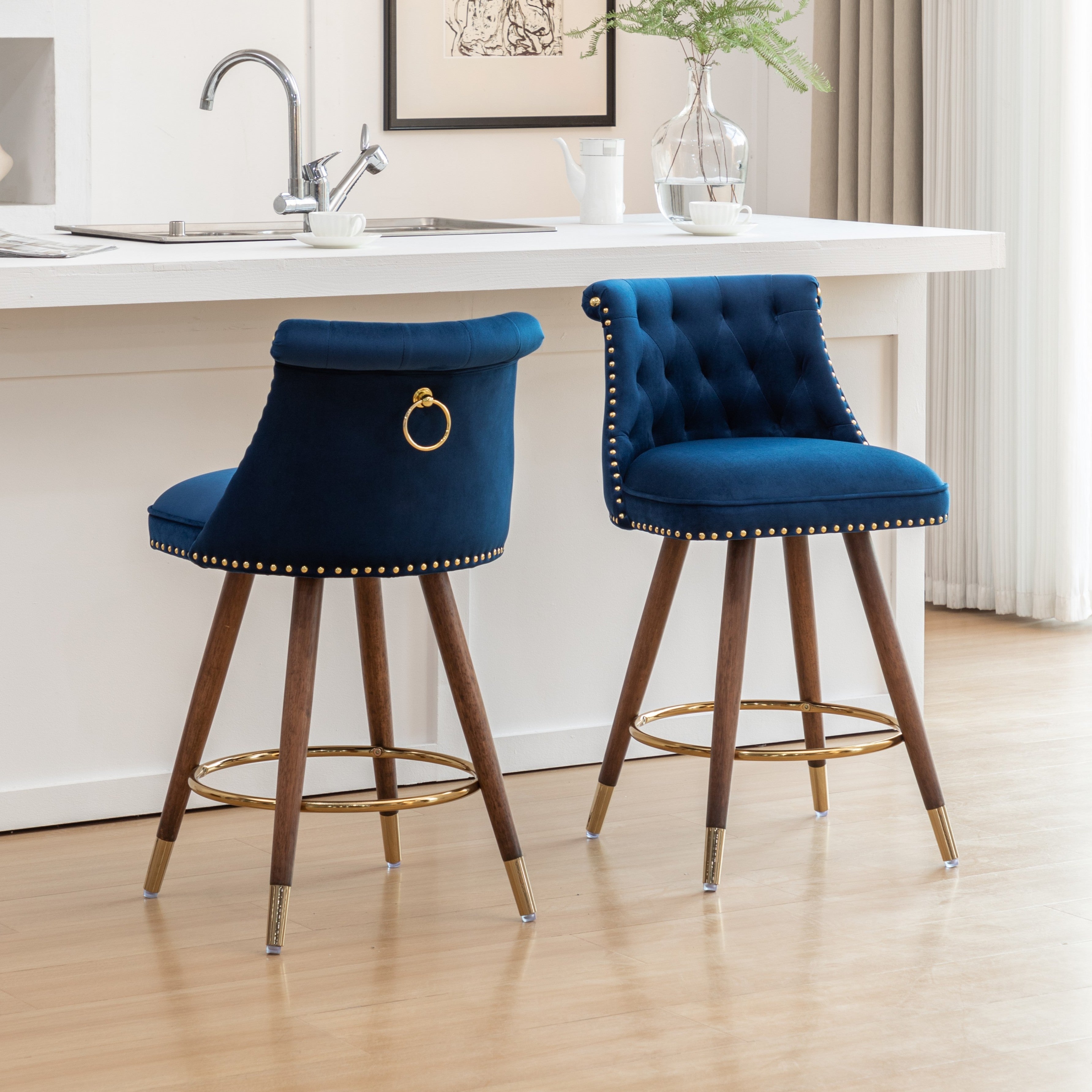Roundhill Furniture Elvara Set of 2 Button Tufted Counter Stools with Nailhead Trim - Modern Kitchen Bar Stools for Breakfast Nook, Kitchen Island & Home Decor
