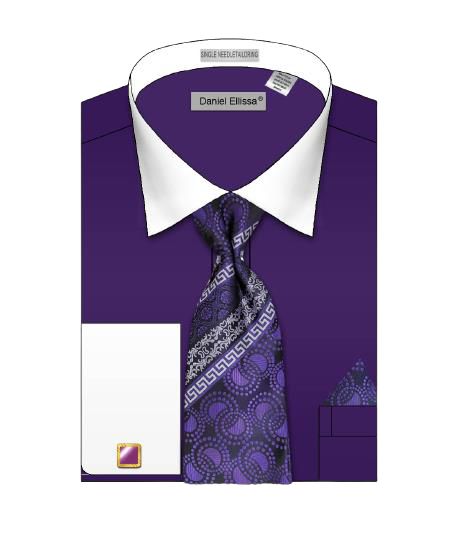 Premium French Cuff Dress Shirt for Men - Solid Purple Formal Shirt with White Collar | DS3825P2 | Ideal for Business Meetings, Weddings & Special Occasions
