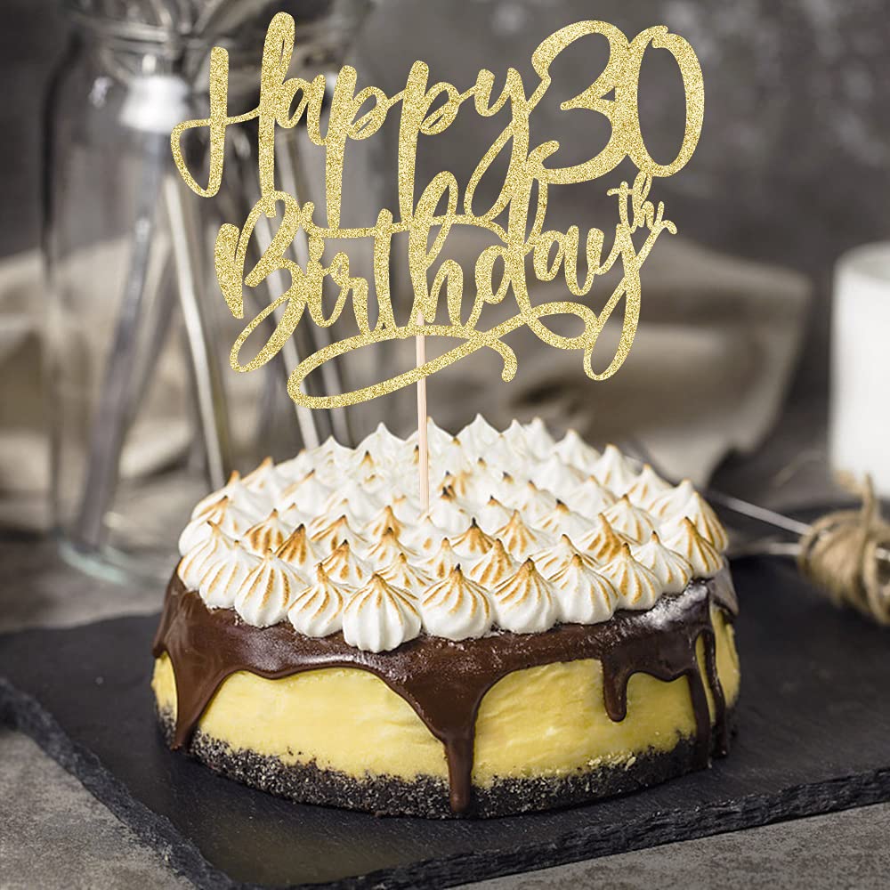 Kaoenla Happy 30th Birthday Cake Topper - Golden Glitter 'Hello 30' & 'Cheers 30' Cake Decorations for 30th Anniversary Parties | Perfect for Milestone Birthday Celebrations & Festive Dessert Displays