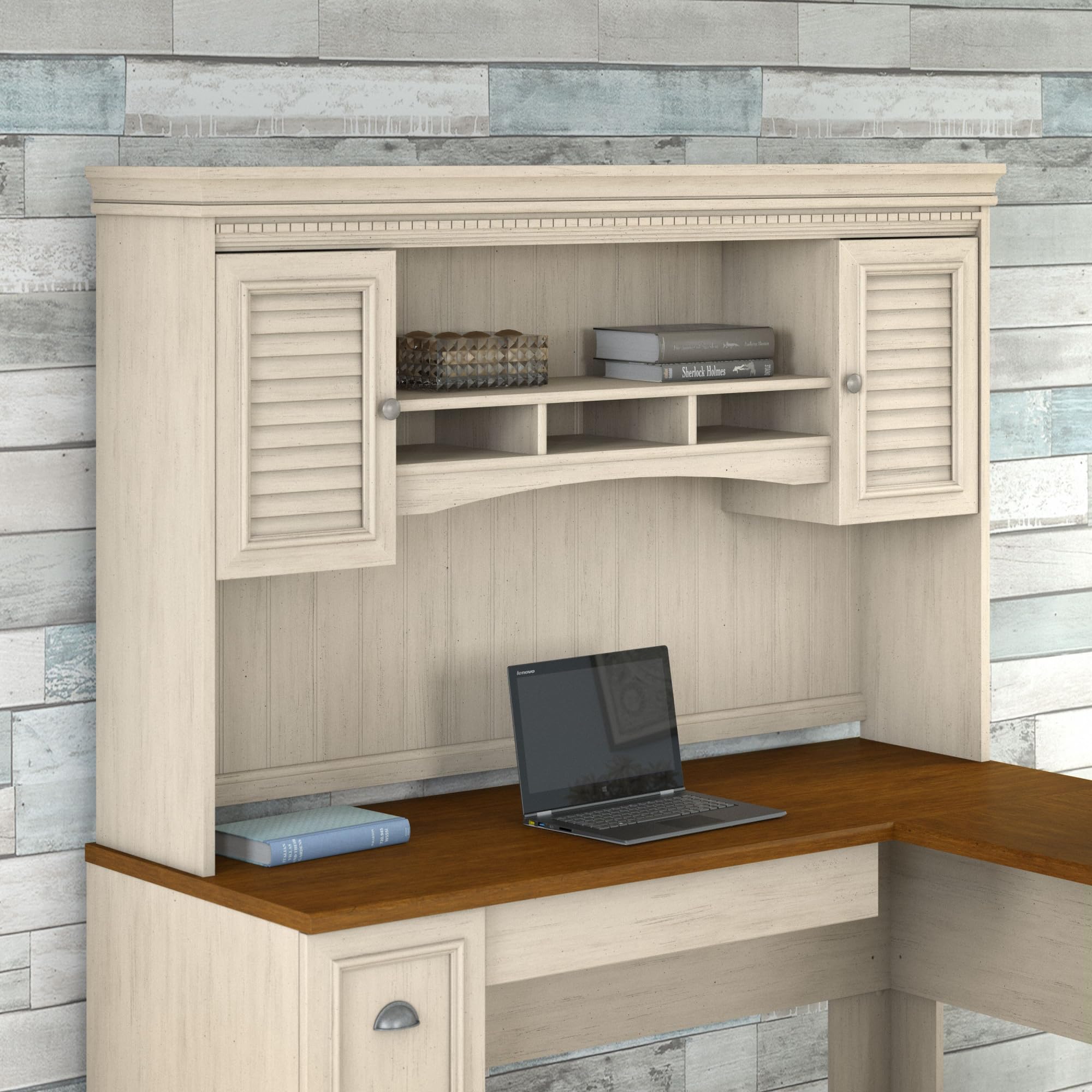 Bush Furniture Fairview 60W L-Shaped Desk Hutch in Antique White - Home Office Storage with Shelves & Cabinets | Perfect for Organizing Files, Books, and Office Supplies in Small Workspaces