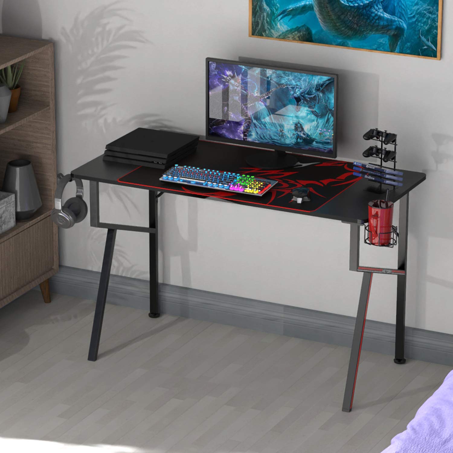 47 Inch K-Frame Gaming Desk - Ergonomic Computer Desk for Home Office & Professional Gamers with Cup Holder, Headphone Hook & Controller Stand | Includes Free Mousepad | Perfect for PC Gaming, Streaming & Remote Work (Black)