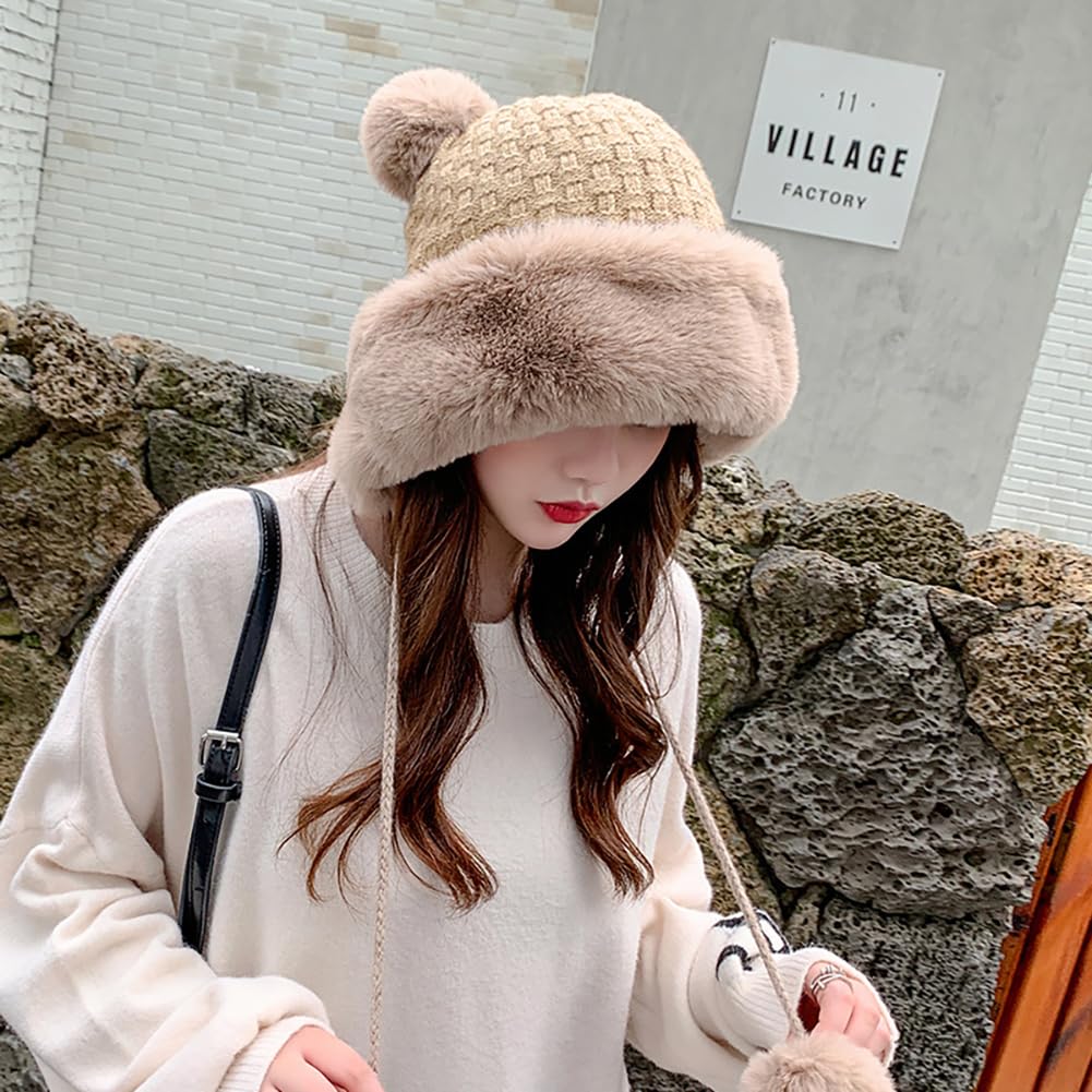 Women's Winter Pompom Beanie - Soft Fluffy Knit Faux Fur Crochet Skull Cap with Ear Warmers for Cold Weather | Cozy Outdoor Winter Hat for Skiing, Snowboarding & Casual Wear