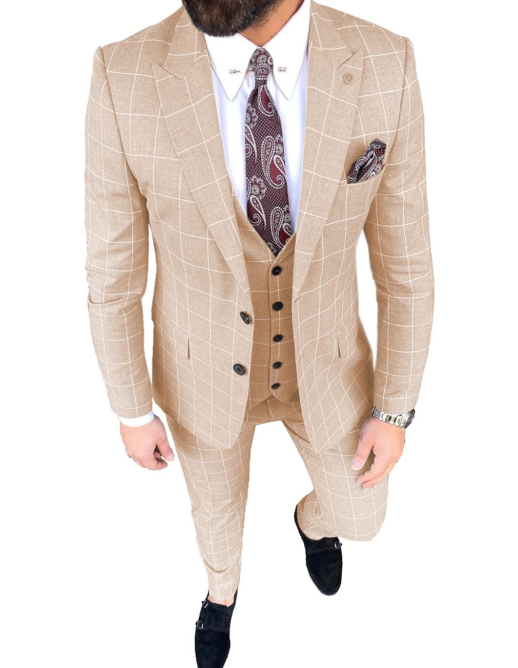 Men's Slim Fit Single Breasted Plaid 3-Piece Wedding Suit Set - Blazer, Vest & Pants for Groomsmen, Business & Formal Occasions
