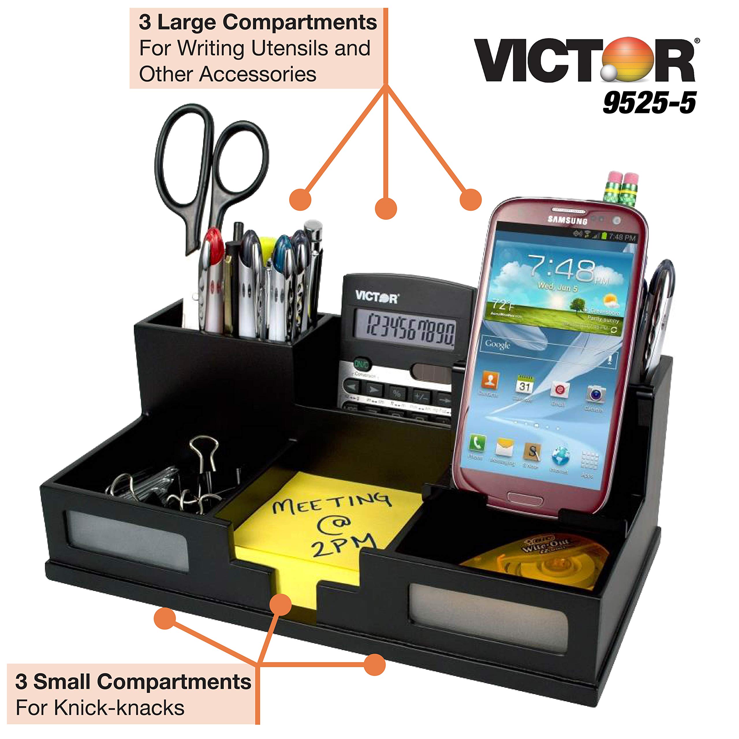 Victor Wood Desk Organizer with Smartphone Holder - Midnight Black (9525-5) | Stylish Office Desk Accessory for Home & Workspace Organization