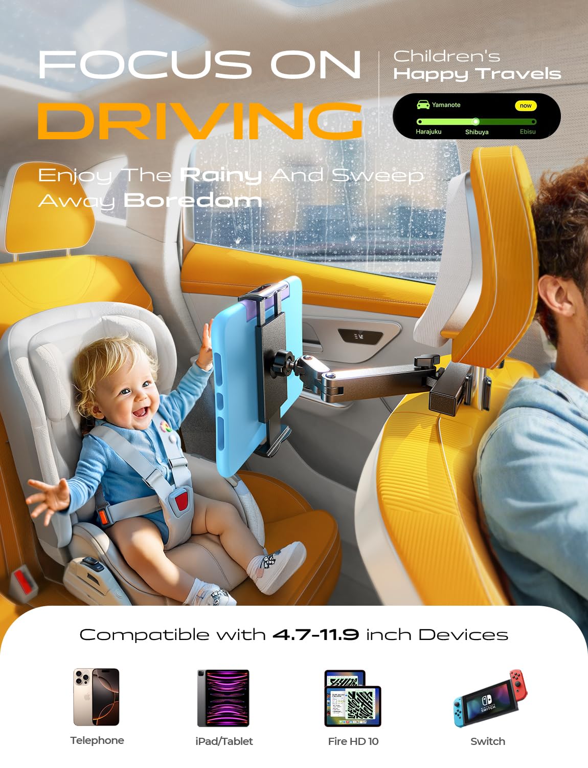 LISEN iPad Car Mount Headrest Holder - Adjustable 3-in-1 Extendable Arm for iPad Pro/Air/Mini 10th, Fire HD 10 & Kindle 4.7-11.9