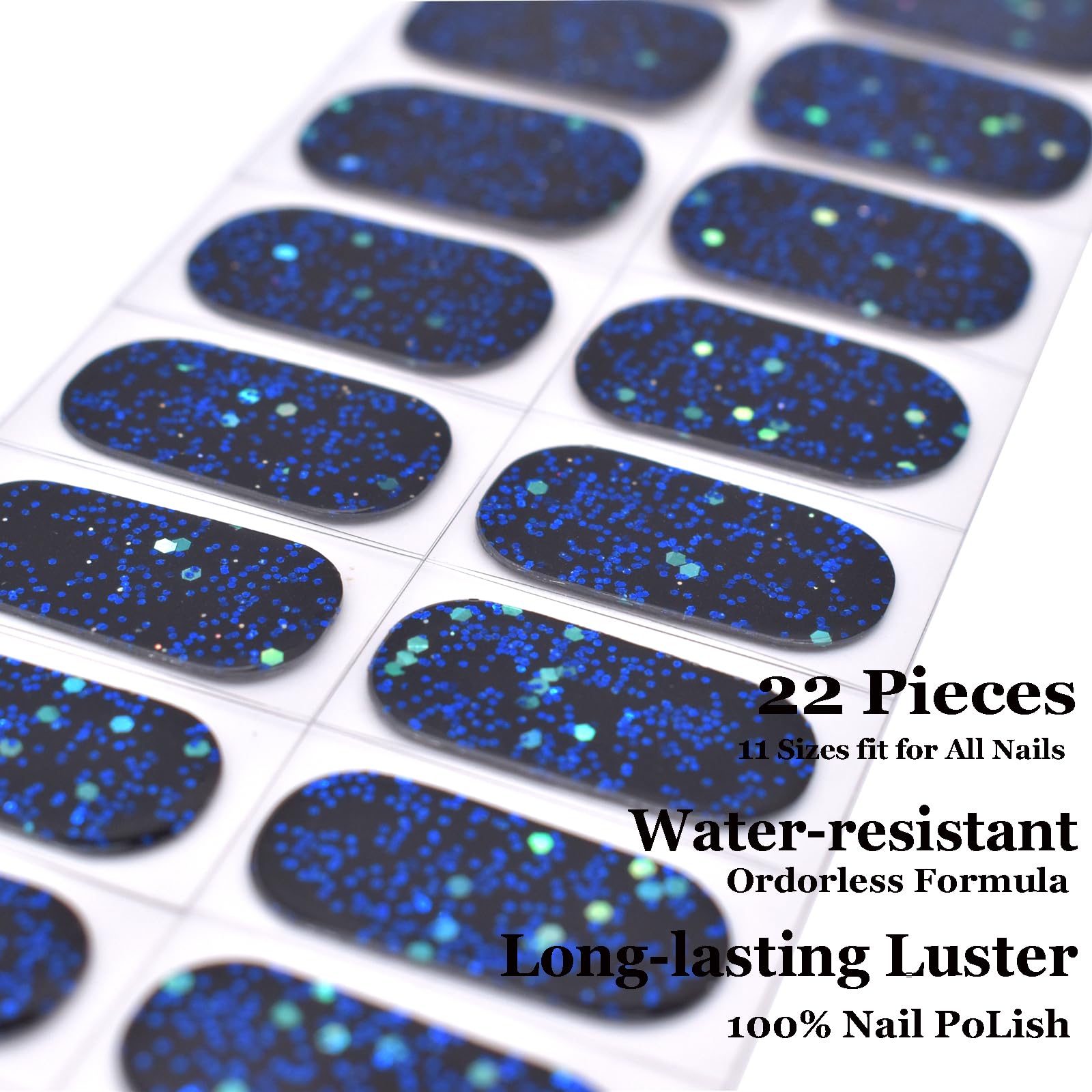Semi Cured Gel Nail Stickers - Black & Blue Sparkly Sequins Nail Polish Strips | DIY Manicure Kit for Women | Perfect for Parties, Weddings & Special Occasions