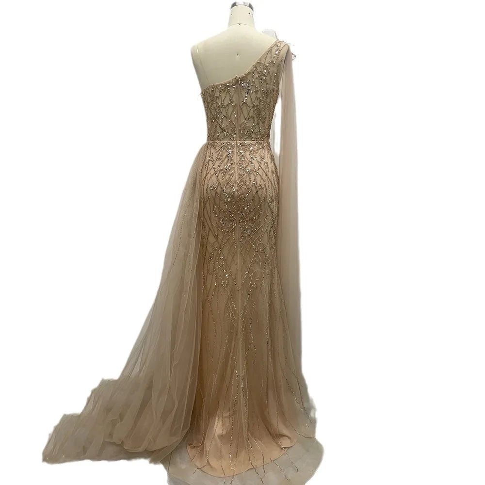 Elegant Nude Arabic Evening Dress with Side Train & One Shoulder Mermaid Style for Women's Formal Prom, Wedding & Party Gowns - Perfect for Red Carpet Events, Galas & Special Occasions 2025 LA72442
