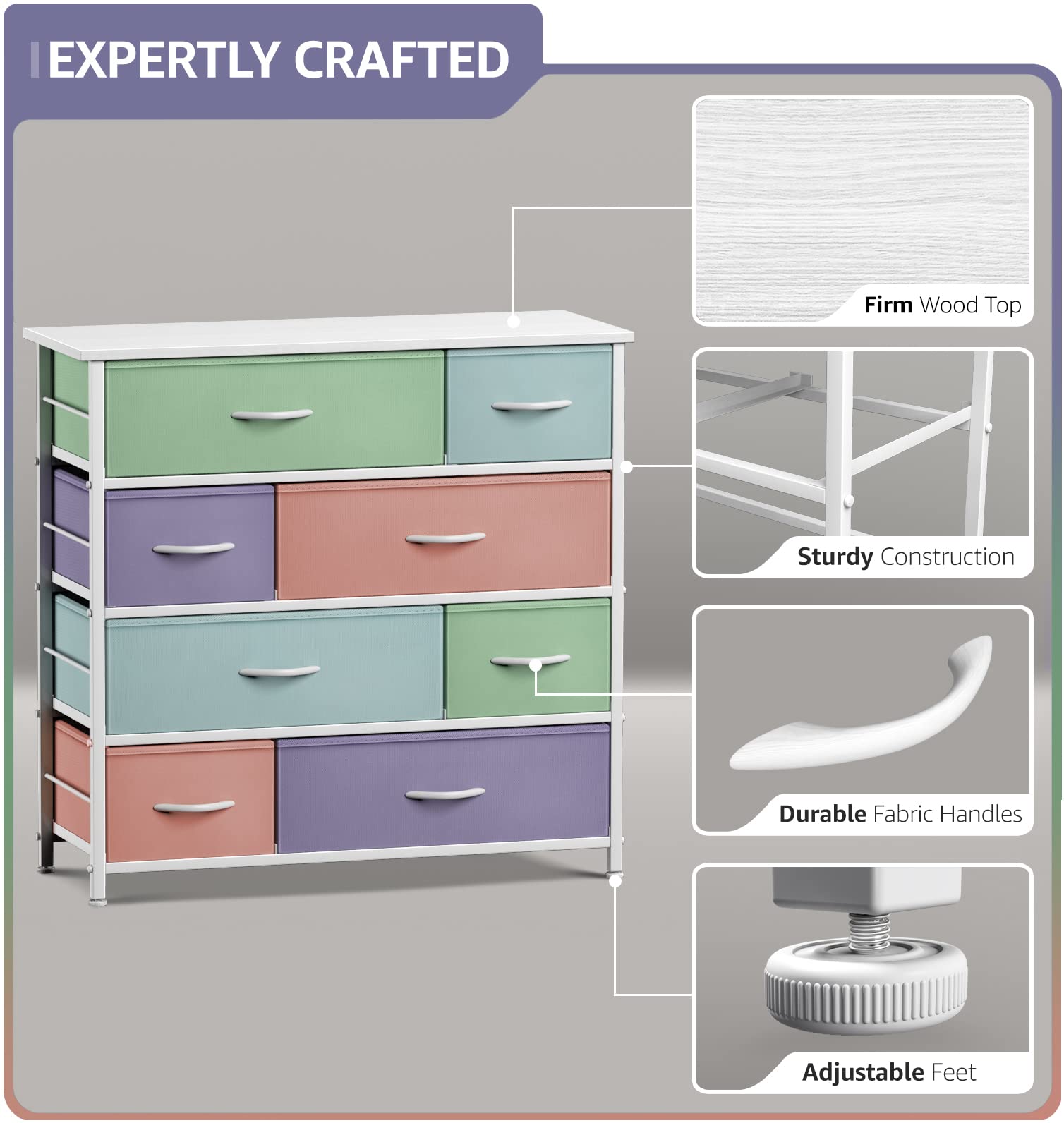 Sorbus 8-Drawer Dresser for Kids & Teens - Wooden Top & Steel Frame Storage Chest with Fabric Bins - Perfect for Bedroom, Nursery, Playroom Organizing Clothes & Toys (Pastel) | Space-Saving Kids Furniture & Toy Storage Solution