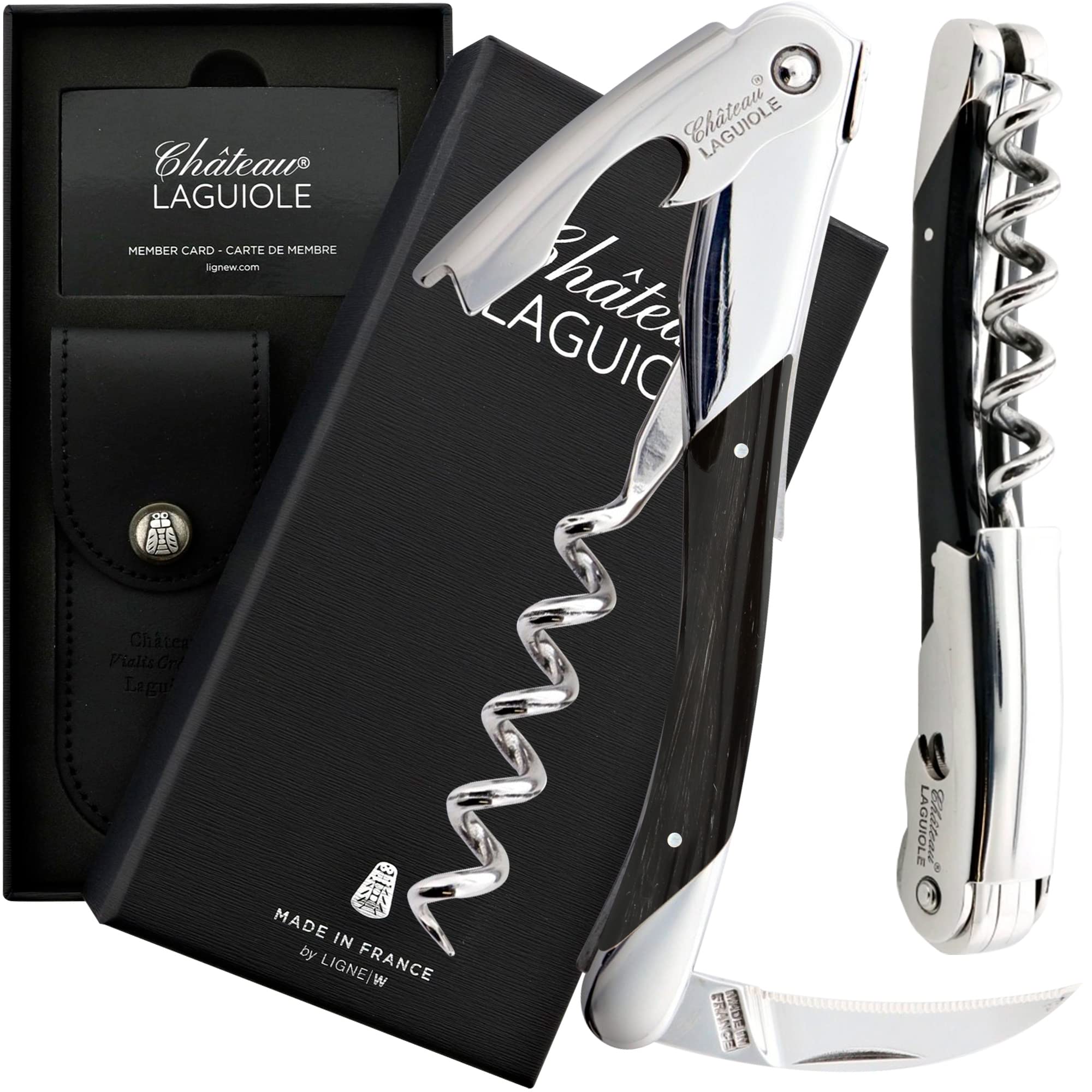 Premium Chateau Laguiole Corkscrew - French Wine Bottle Opener with Black Horn Handle, Leather Sheath & Gift Box - Perfect for Wine Lovers, Sommeliers & Elegant Dinner Parties