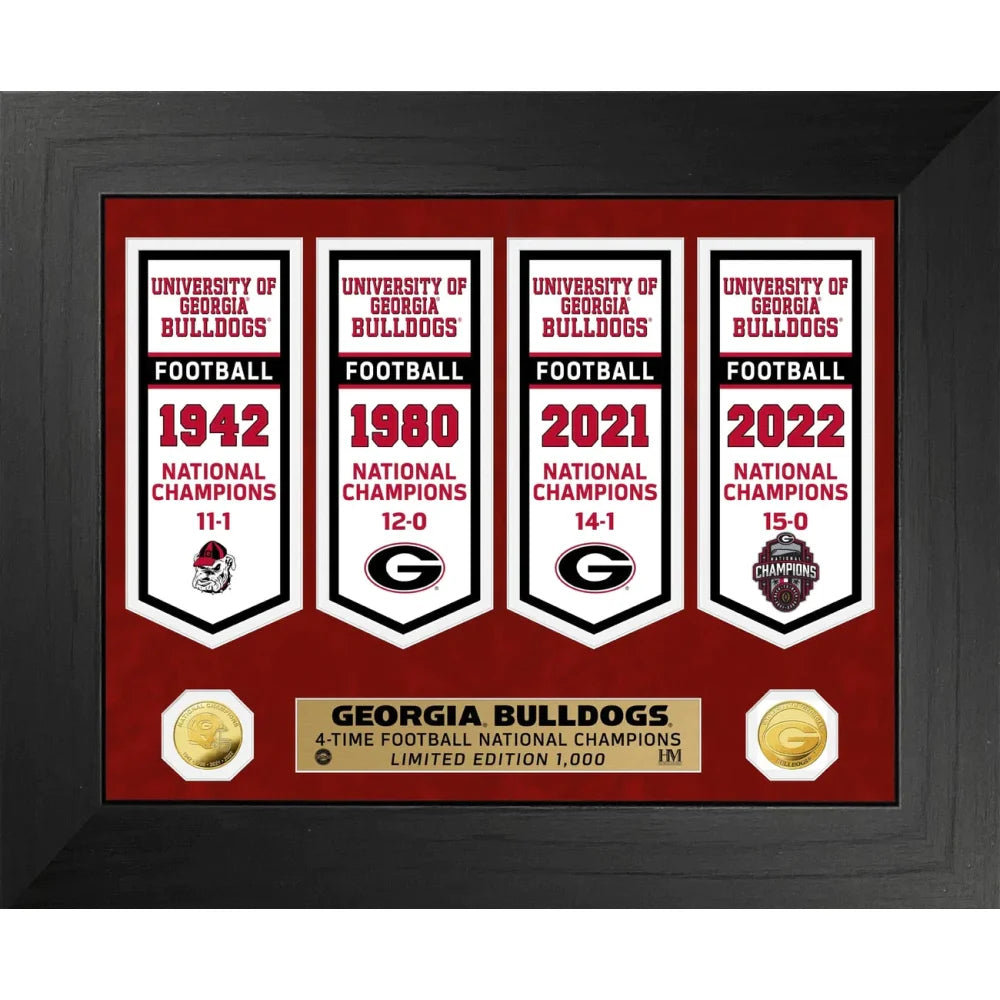 Georgia Bulldogs NCAA Football National Championship Banner & Gold Coin Framed Collage - Perfect for Game Room, Man Cave, or Sports Fan Gift