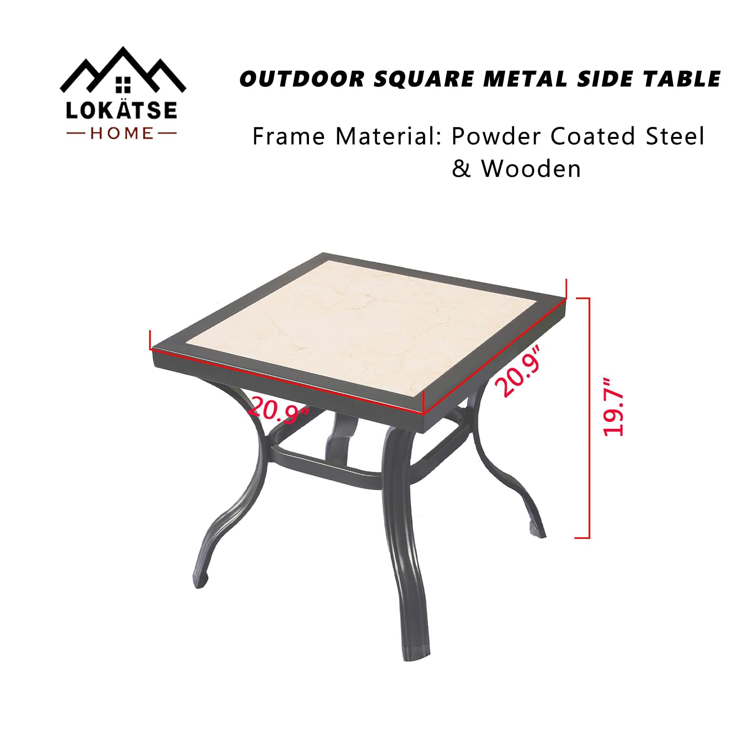 LOKATSE HOME Outdoor Patio Bistro Square End Table with Tile Top and Metal Legs - Perfect for Garden, Balcony, and Poolside Dining