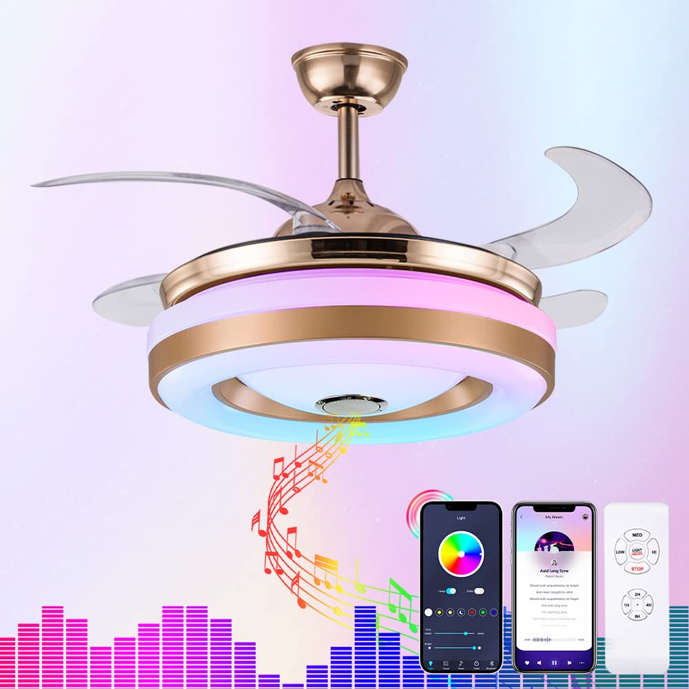 42 Inch Smart Retractable Ceiling Fan with LED Light & Remote Control - Modern Low Profile Hidden Chandelier Fan for Bedroom, Dining & Living Room - Ultra Quiet, Multi-Speed, Dimmable Lighting for Year-Round Comfort