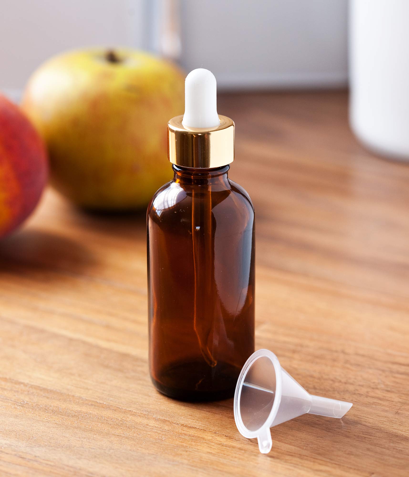 Premium 2 oz Amber Glass Boston Round Bottle with Gold Metal & Glass Dropper (6-Pack) + Bonus Funnel - Essential Oil Bottles, DIY Skincare, Travel-Sized Liquids, Aromatherapy Supplies
