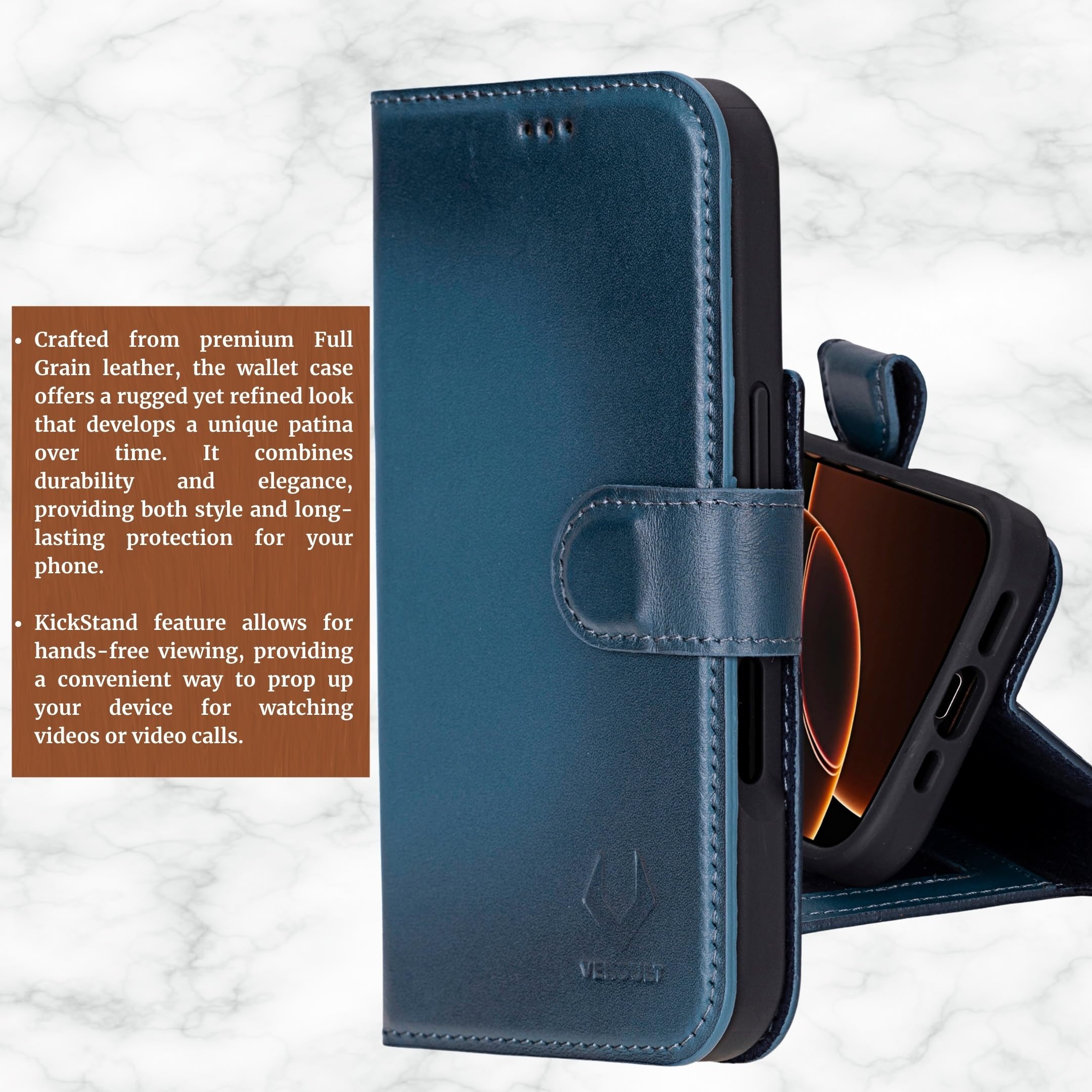 VENOULT Detachable Wallet Case for iPhone 15 Pro MAX - Genuine Leather Magsafe Compatible Cover with 4 Card Slots, RFID Protection & Kickstand | Slim Folio Design for Men & Women (Admiral Blue) | Perfect for Work, Travel & Everyday Use