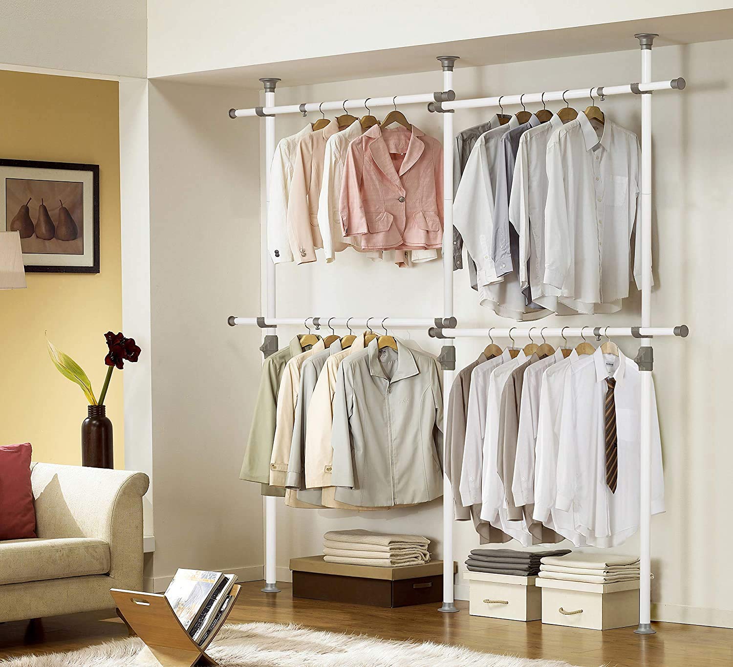 Heavy-Duty Adjustable Tension Rod Garment Rack - Freestanding Clothing Hanger with 3 Vertical Poles & 4 Bars for Home Wardrobe, Closet Organization - Portable Indoor DIY Coat Hanger for Bedroom, Laundry Room, Dorm or Retail Store Display