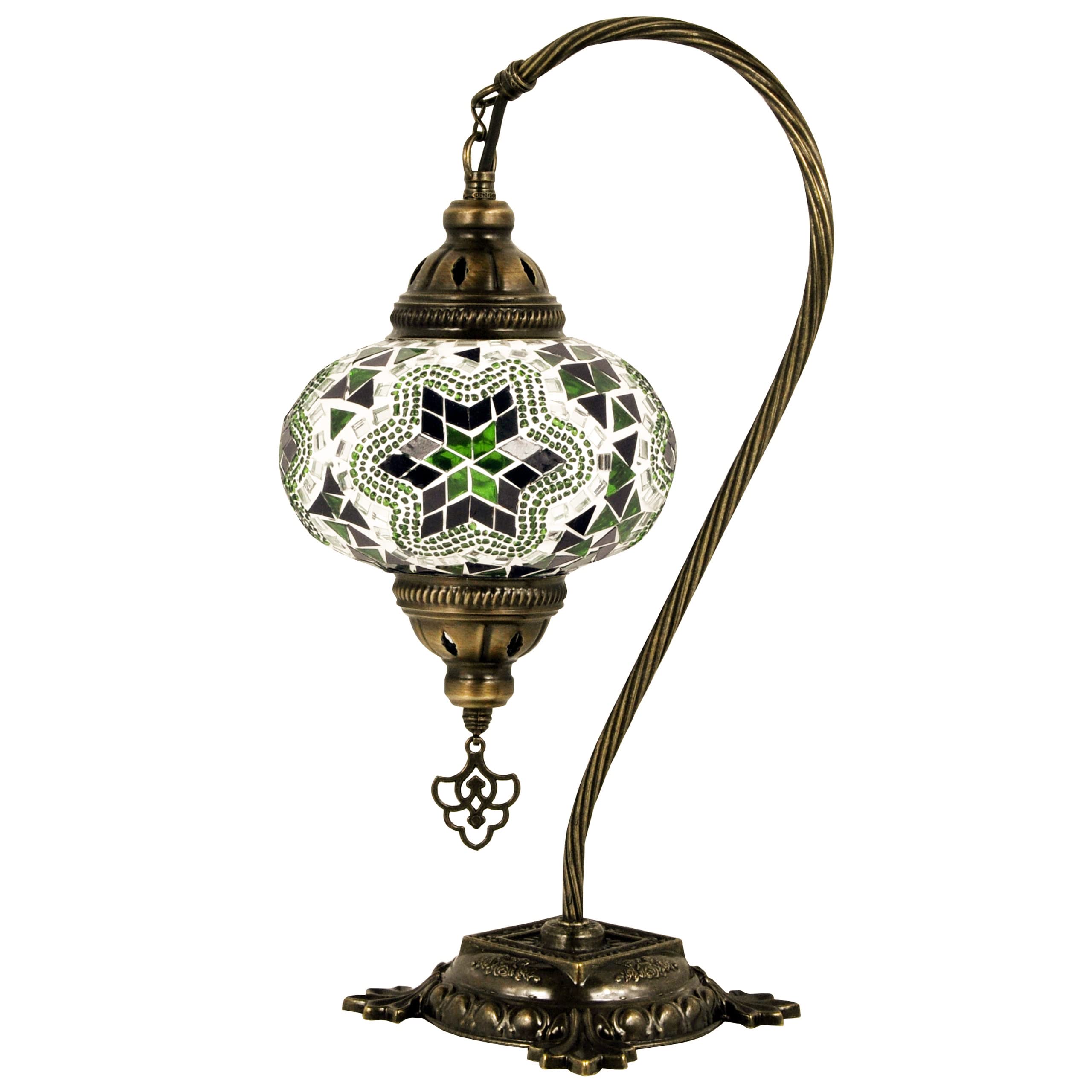 Handmade Turkish Mosaic Table Lamp with Bronze Base & Swan Neck Design - Moroccan Tiffany Style Night Light with LED Bulb for Bedroom, Living Room, and Home Decor