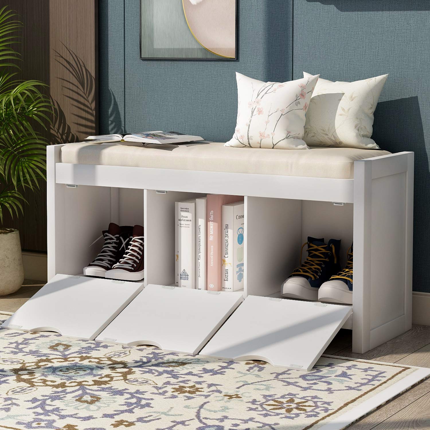 Rustic Wood Storage Bench with Removable Cushion - Entryway Shoe Bench with 3 Cabinets, Home Organizer Ottoman for Hallway, Living Room, Bedroom & Mudroom - Perfect for Entryway Storage, Shoe Organization & Home Decor