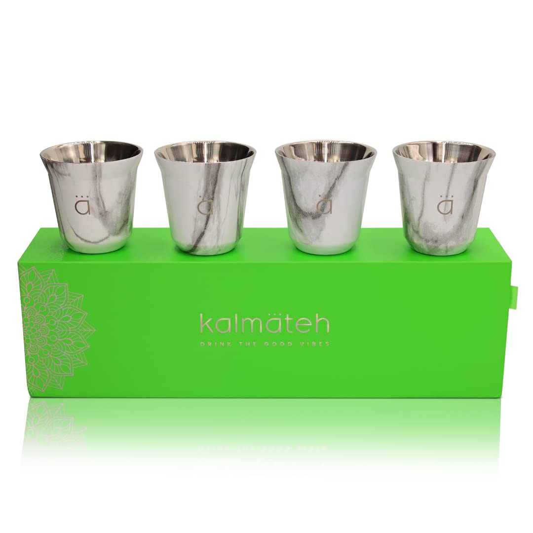 Kalmateh 2.7oz (80ml) Heat Resistant Double Wall Insulated Stainless Steel Espresso Coffee Cups - Set of 4, Marble Design - Perfect for Home, Office & Coffee Shops