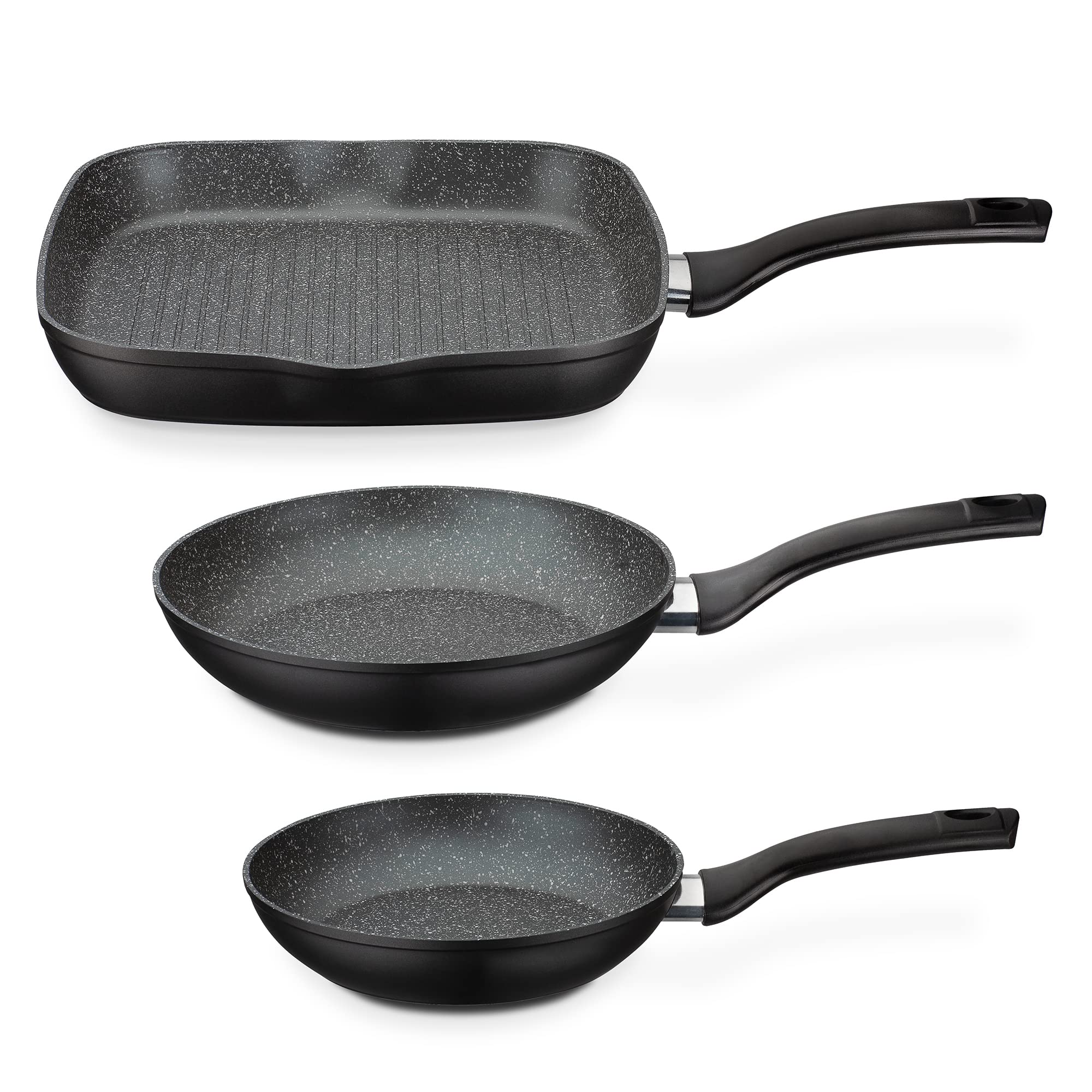 Premium Granite Coated 3-Piece Nonstick Cookware Set - Aluminum Base with Heat-Resistant Plastic Handles (Black) - Perfect for Frying, Sautéing & Everyday Cooking