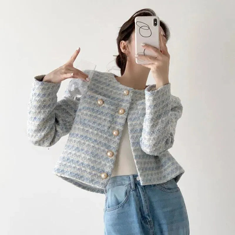Stylish Striped Short Tweed Jacket for Women - Vintage-Inspired Blazer with Pockets | Perfect for Office Wear, Date Nights & Fall Outfits