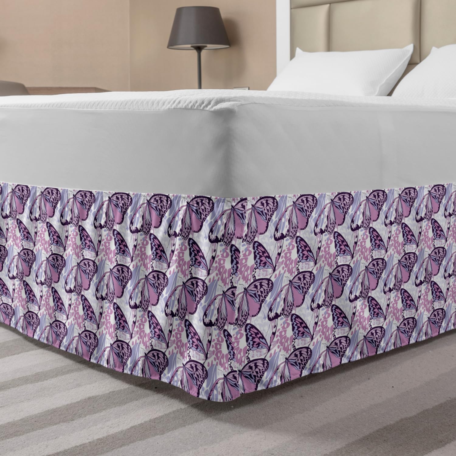 Ambesonne King Size Elastic Bed Skirt with Butterfly Print - Lilac Multicolor Spotted Flying Insect Design - Wrap Around Dust Ruffle for Bedroom Decor - Perfect for Master Bedroom, Guest Room & Home Staging