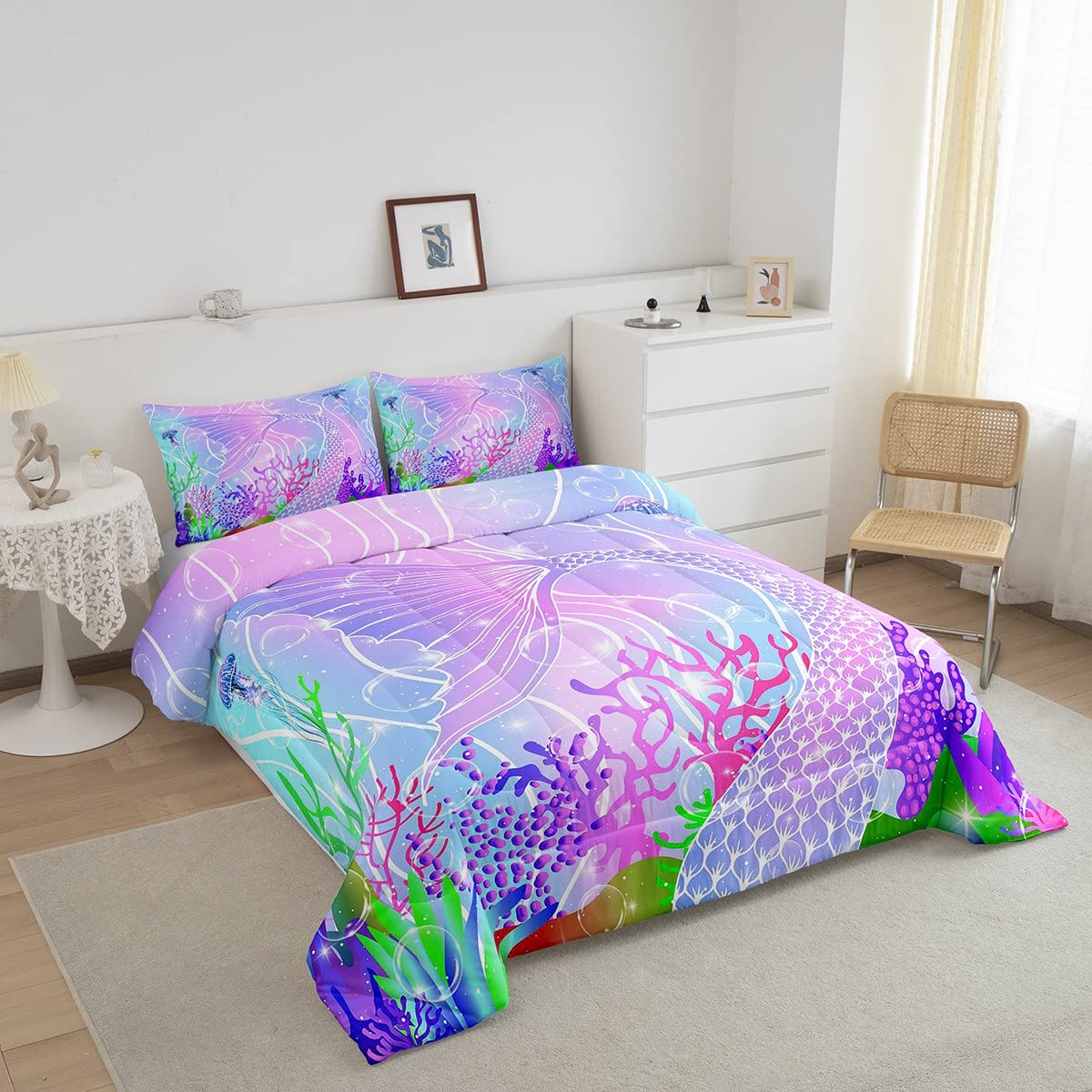 Mermaid Comforter Set - Ocean Sea Marine Themed Full Size Duvet with Purple Mermaid Scales | Soft Foam Bedding for Kids, Teens & Adults | Perfect for Underwater Themed Bedroom Decor & Nautical Nursery Design
