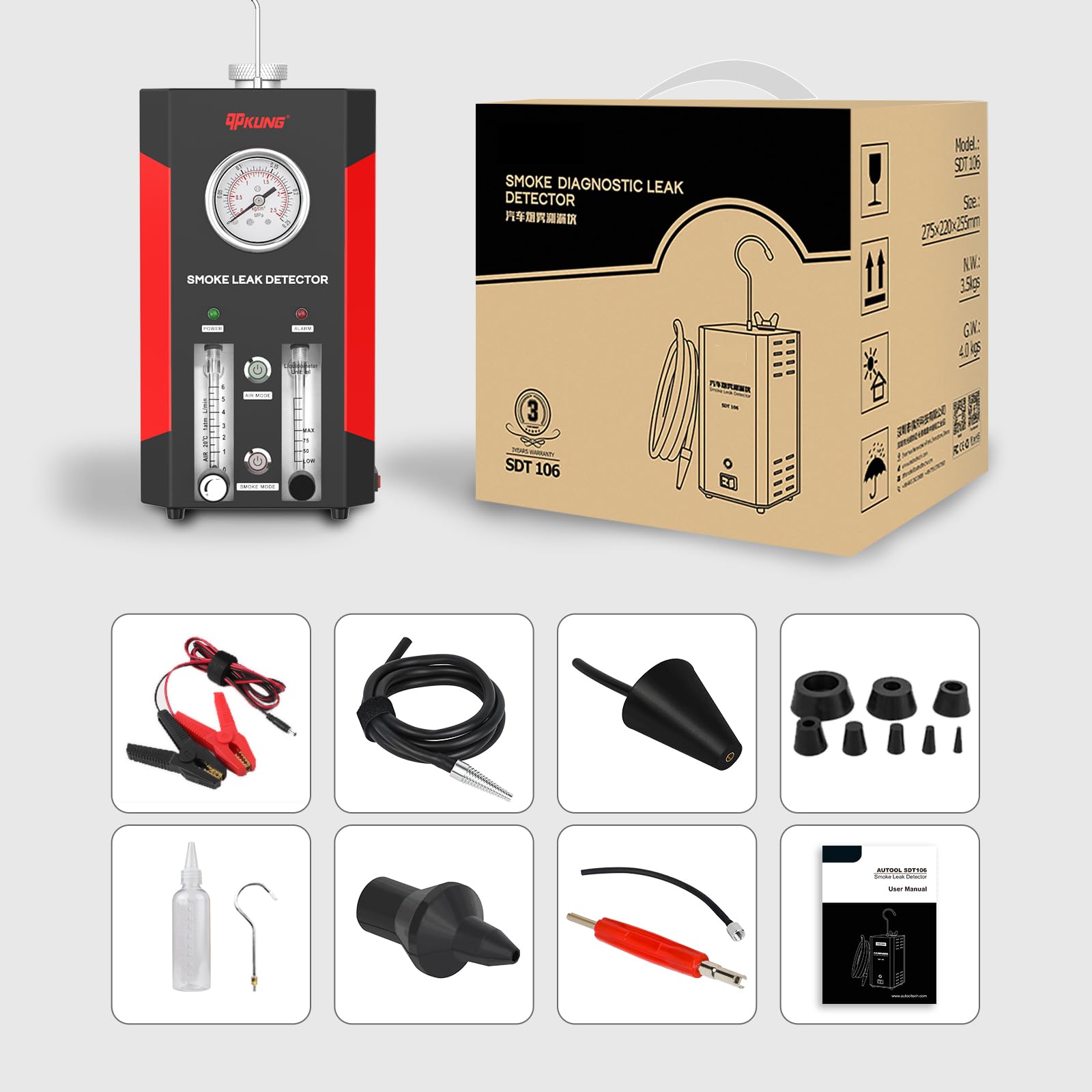 SDT206 Automotive Smoke Tester - Dual Mode EVAP Smoke Machine for 12V Vehicles | Car Vacuum & Fuel Leak Detector with Pressure Gauge & Adjustable Flow Meter | Perfect for Auto Repair Shops & DIY Mechanics