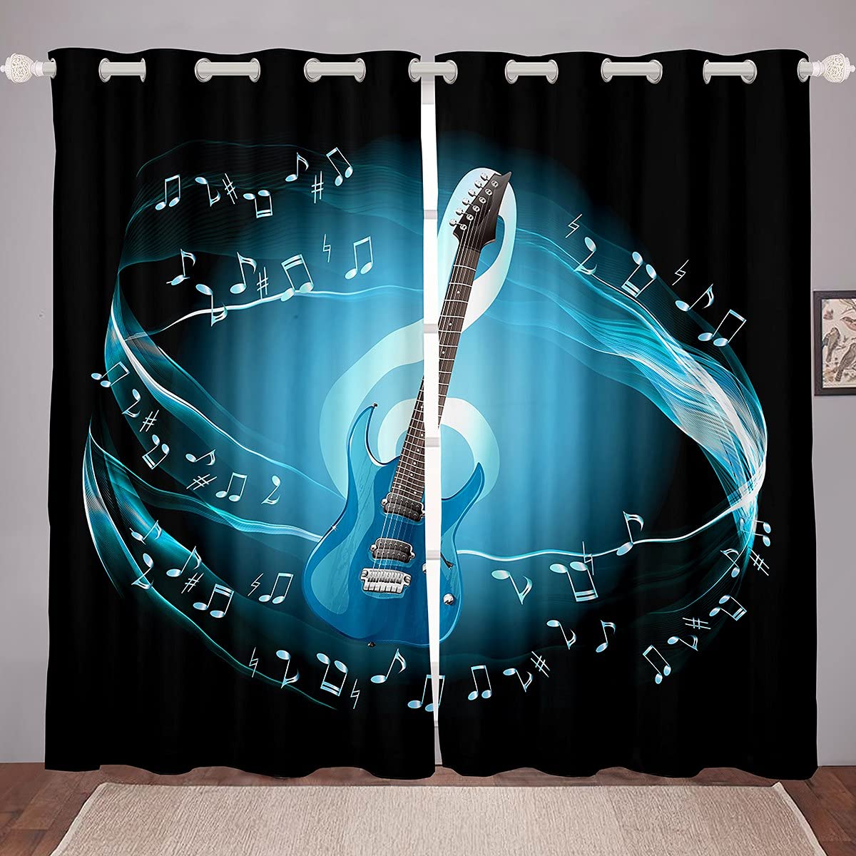 Erosebridal Boys Guitar Curtains 42x63 Inches - Blue Music Note Rock Musical Theme Window Treatments for Kids & Teens - Cool Electric Guitar Blackout Drapes 2 Panel Set - Perfect for Bedroom, Nursery, or Music Room Decor