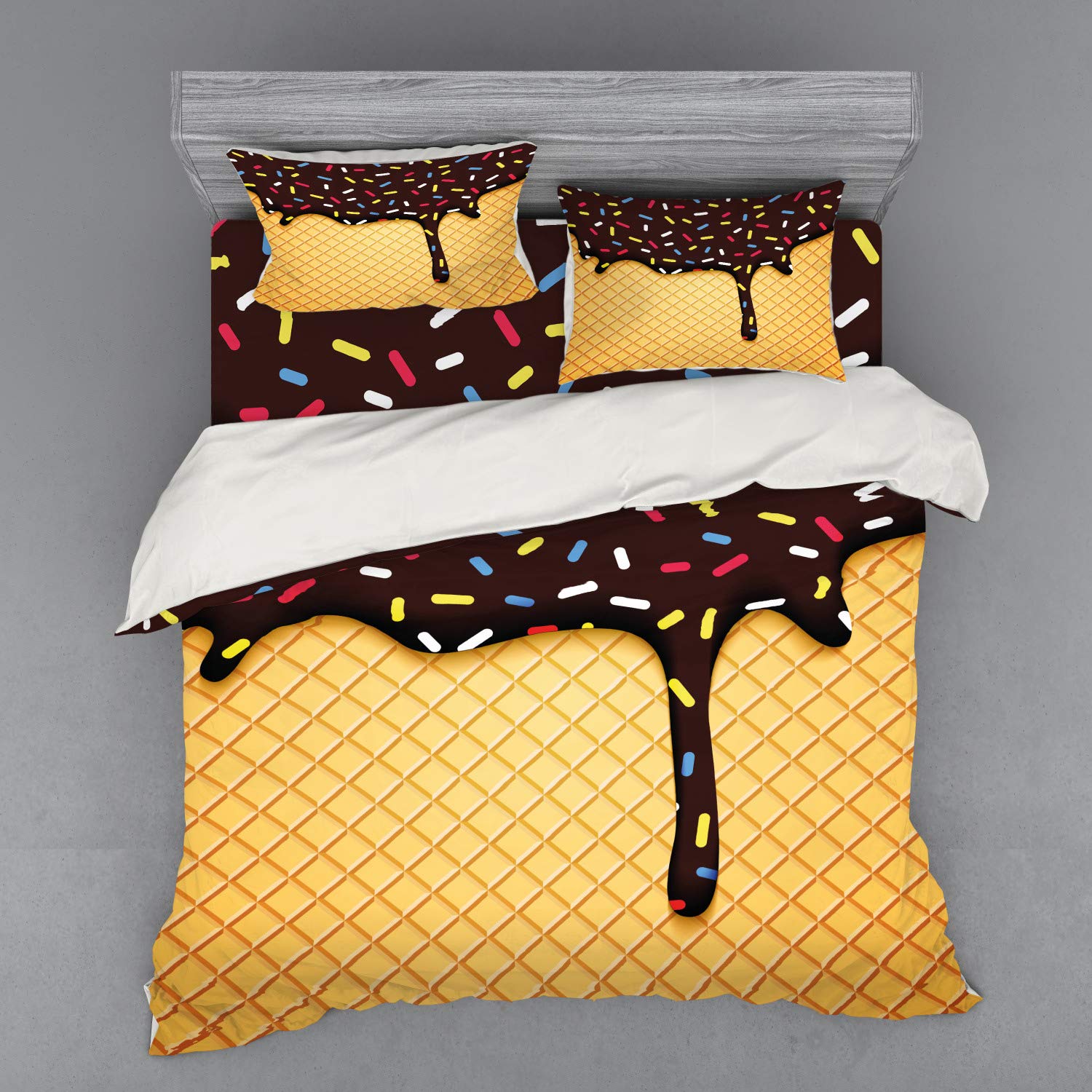Ambesonne Ice Cream Bedding Set - 4 Piece King Size Duvet Cover with Shams & Fitted Sheet, Waffle Chocolate Dessert Print in Dark Brown Mustard | Sweet Themed Bedroom Decor for Teens & Adults