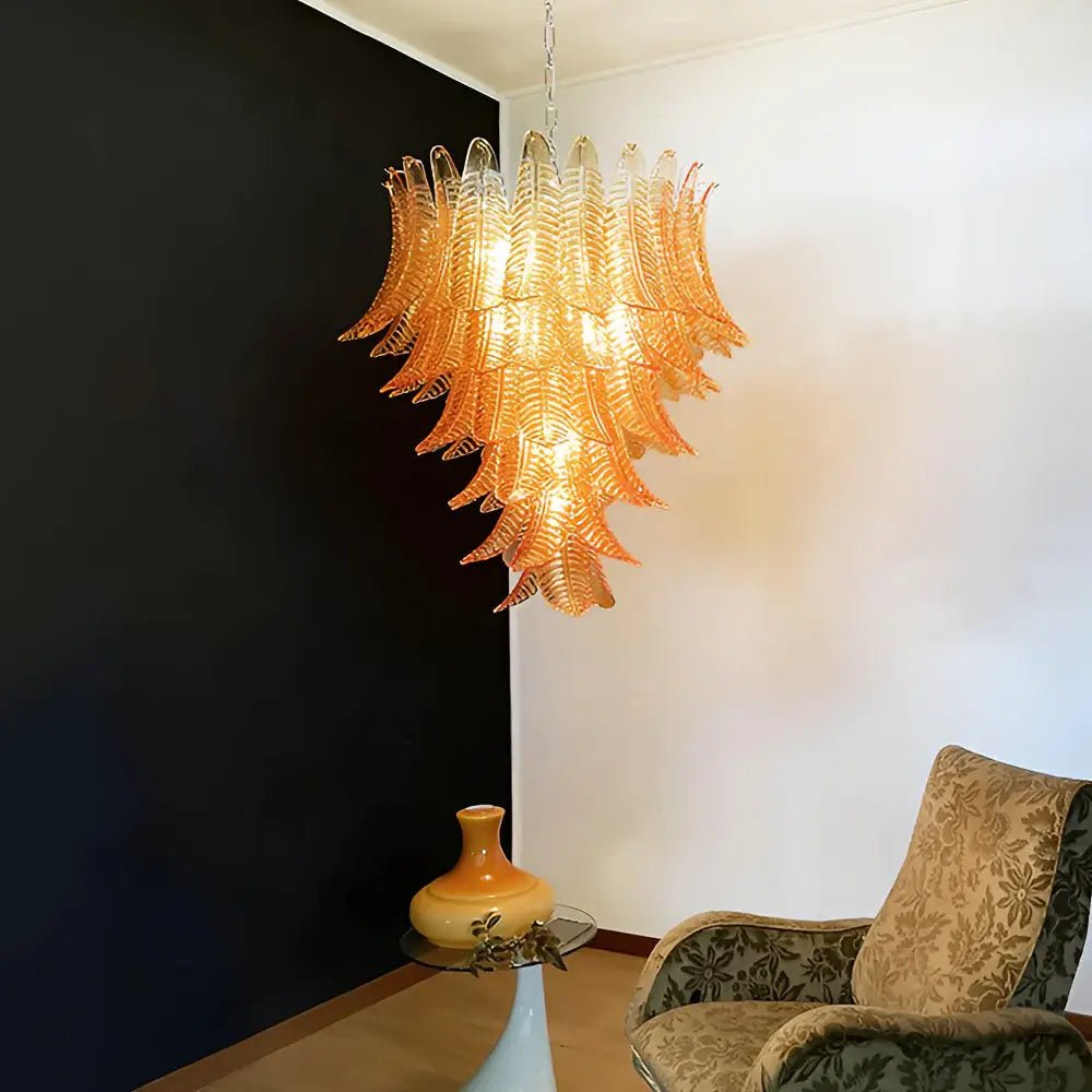 Amber Leaf Cascade Chandelier - Elegant Handmade Glass Pendant Light Fixture for Dining Room, Living Room & Bedroom Decor