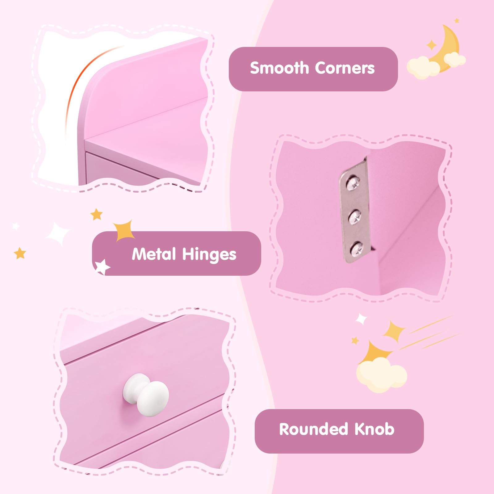 GOFLAME Kids Vanity Set with Lighted Mirror - Toddler Makeup Dressing Table & Chair Set with Shelves, Drawer & Cabinet - Pretend Play Vanity with 2-Color LED Lights - Perfect for Princess Themed Bedroom & Birthday Gifts (Pink)