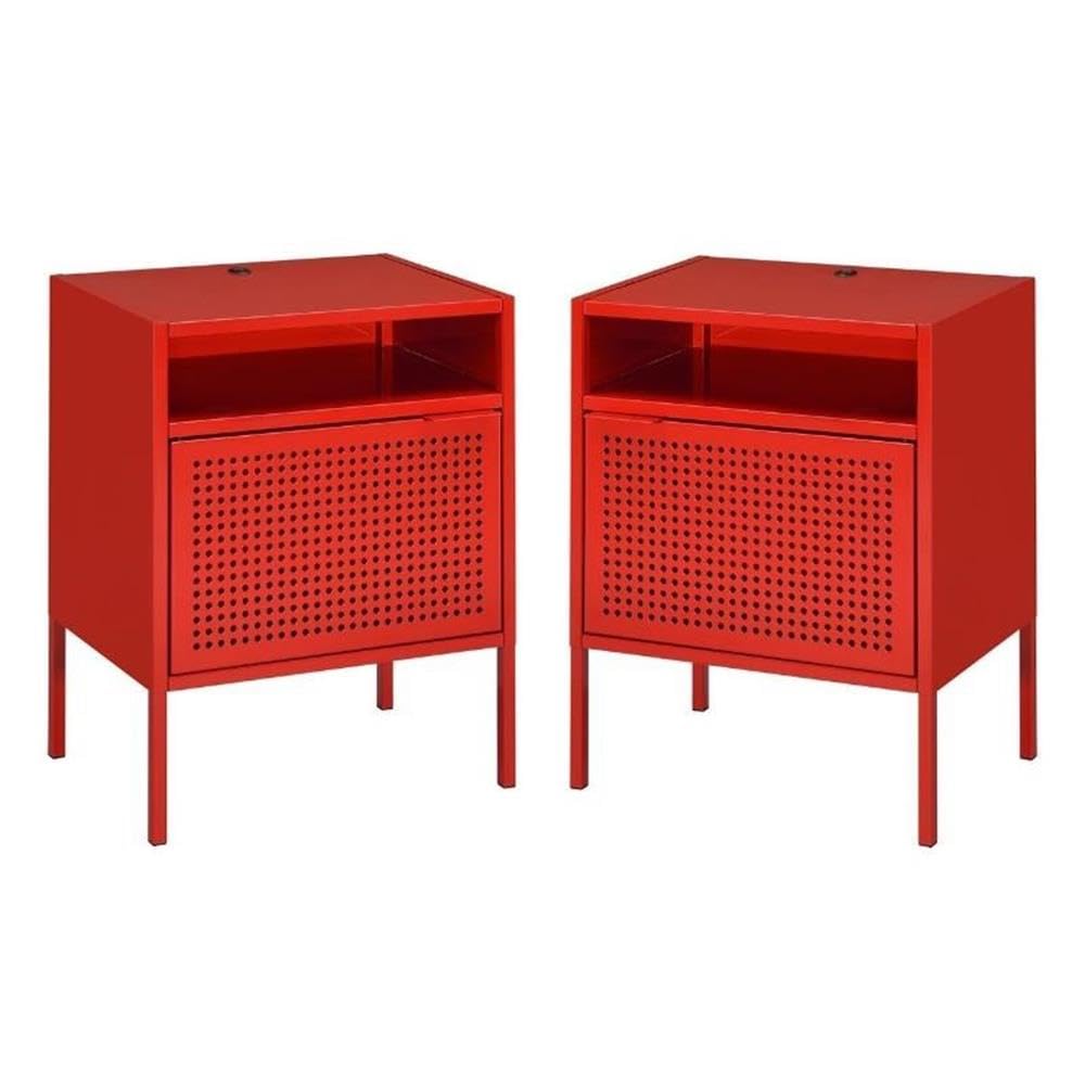2-Piece Red Metal Nightstand Set with USB Ports - Modern Bedside Tables for Bedroom, Living Room, or Office Storage