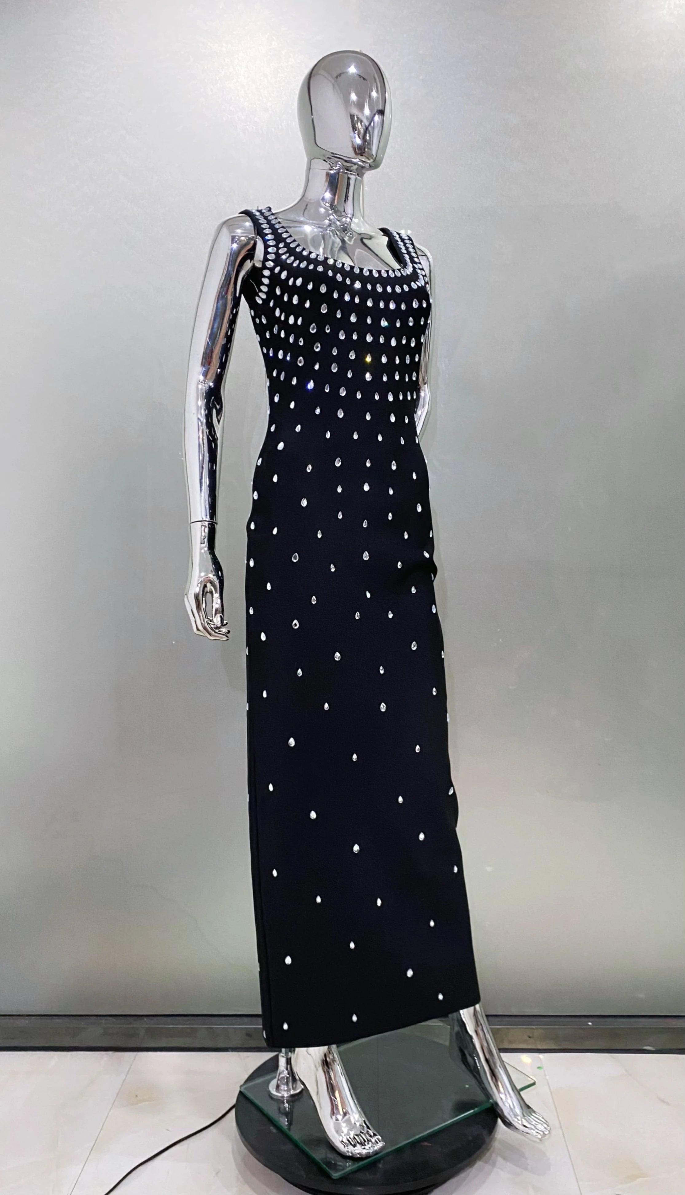 Black & Sky Blue Women's Sleeveless Sexy O-Neck Crystal Bodycon Bandage Long Dress - Perfect for Nightclub Parties, Evening Events & Special Occasions