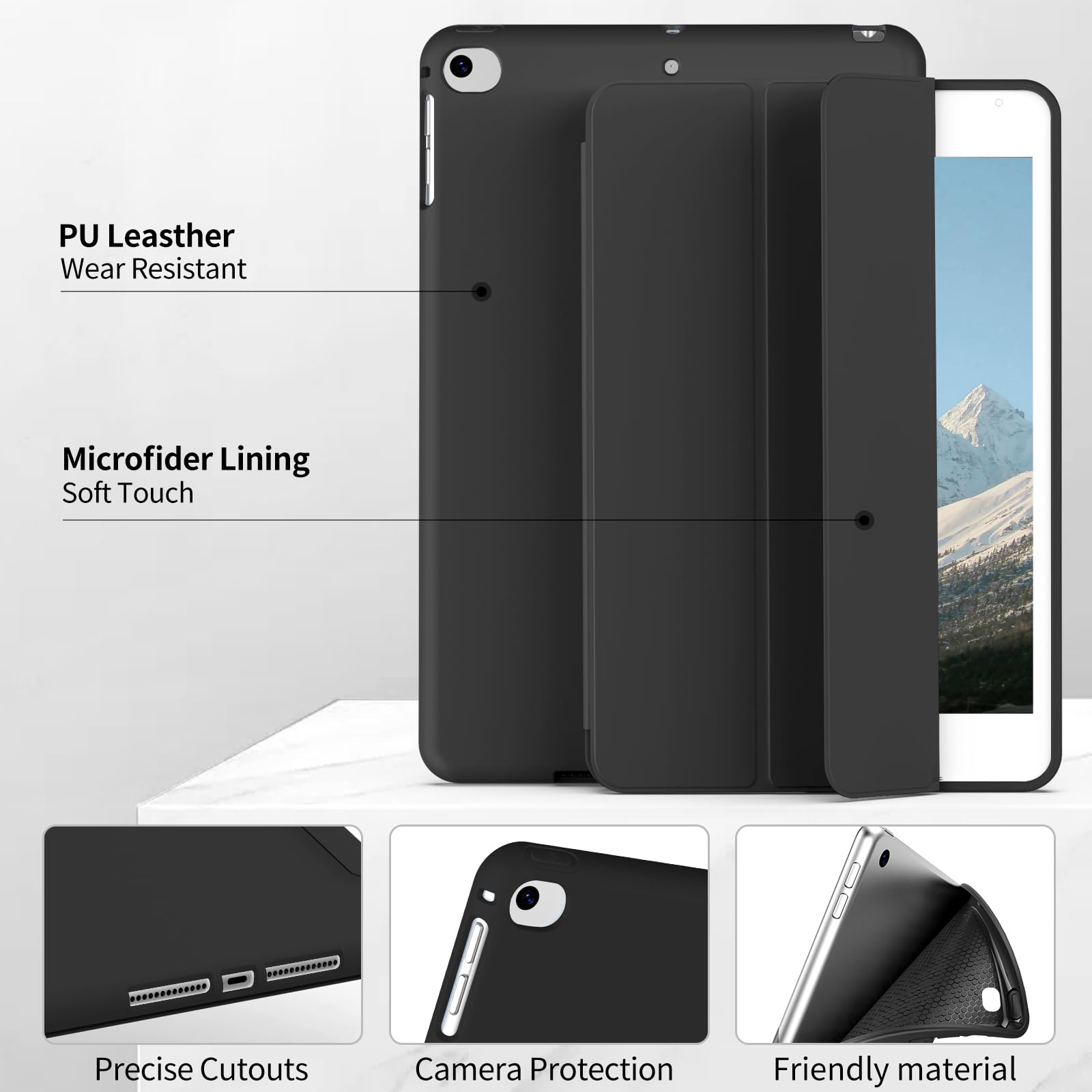 Aoub Slim Lightweight Smart Cover Case for iPad 9.7 Inch (6th/5th Gen 2018/2017, iPad Air 2 & Air 1 2014/2013) - Soft TPU Back Protective Case with Auto Sleep/Wake Function - Black | Perfect for Work, School & Travel Protection